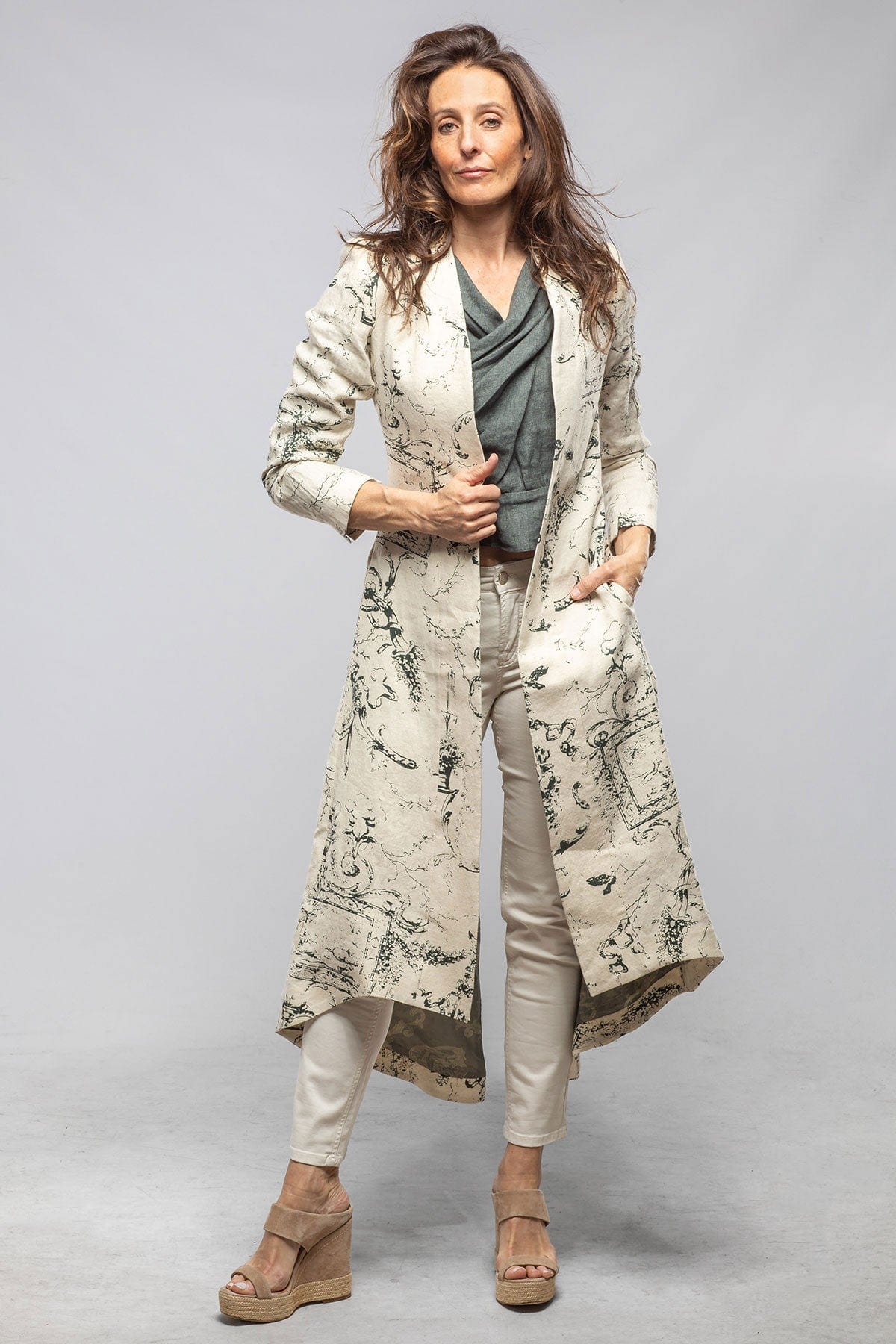 Majorca Long Linen Coat In Beige Toscana Print - AXEL'S