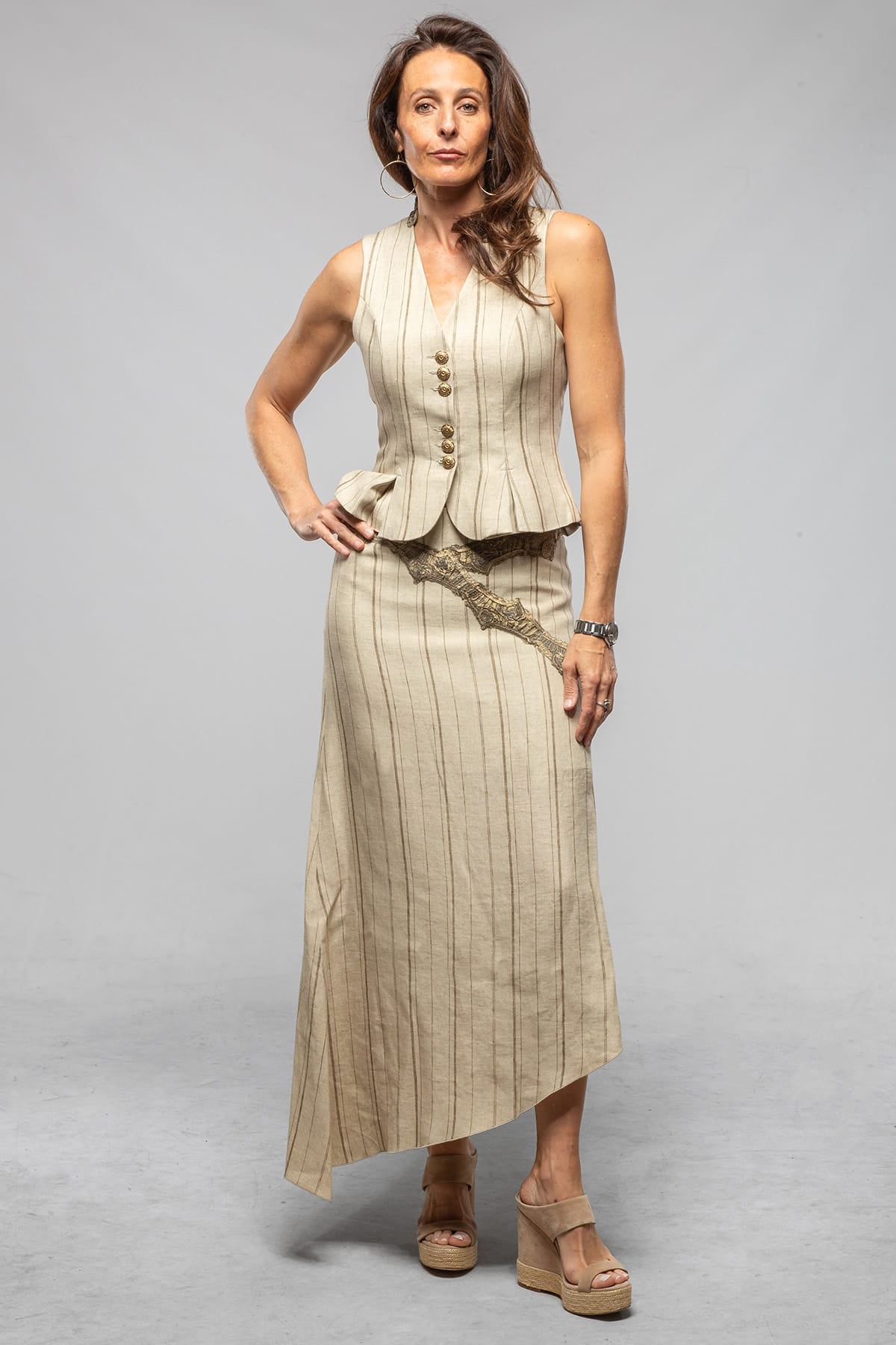 Melania Diagonal Hem Linen Skirt In Stone Stripes - AXEL'S