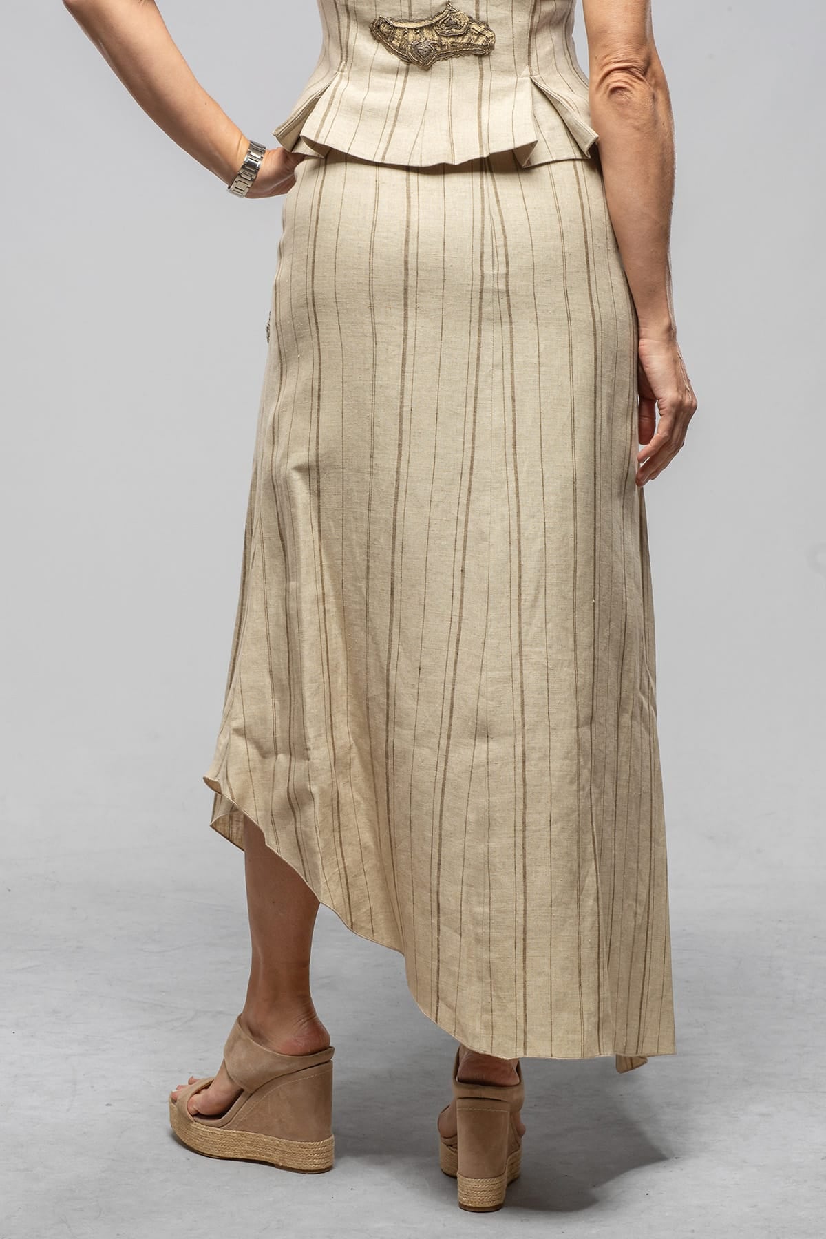 Melania Diagonal Hem Linen Skirt In Stone Stripes - AXEL'S