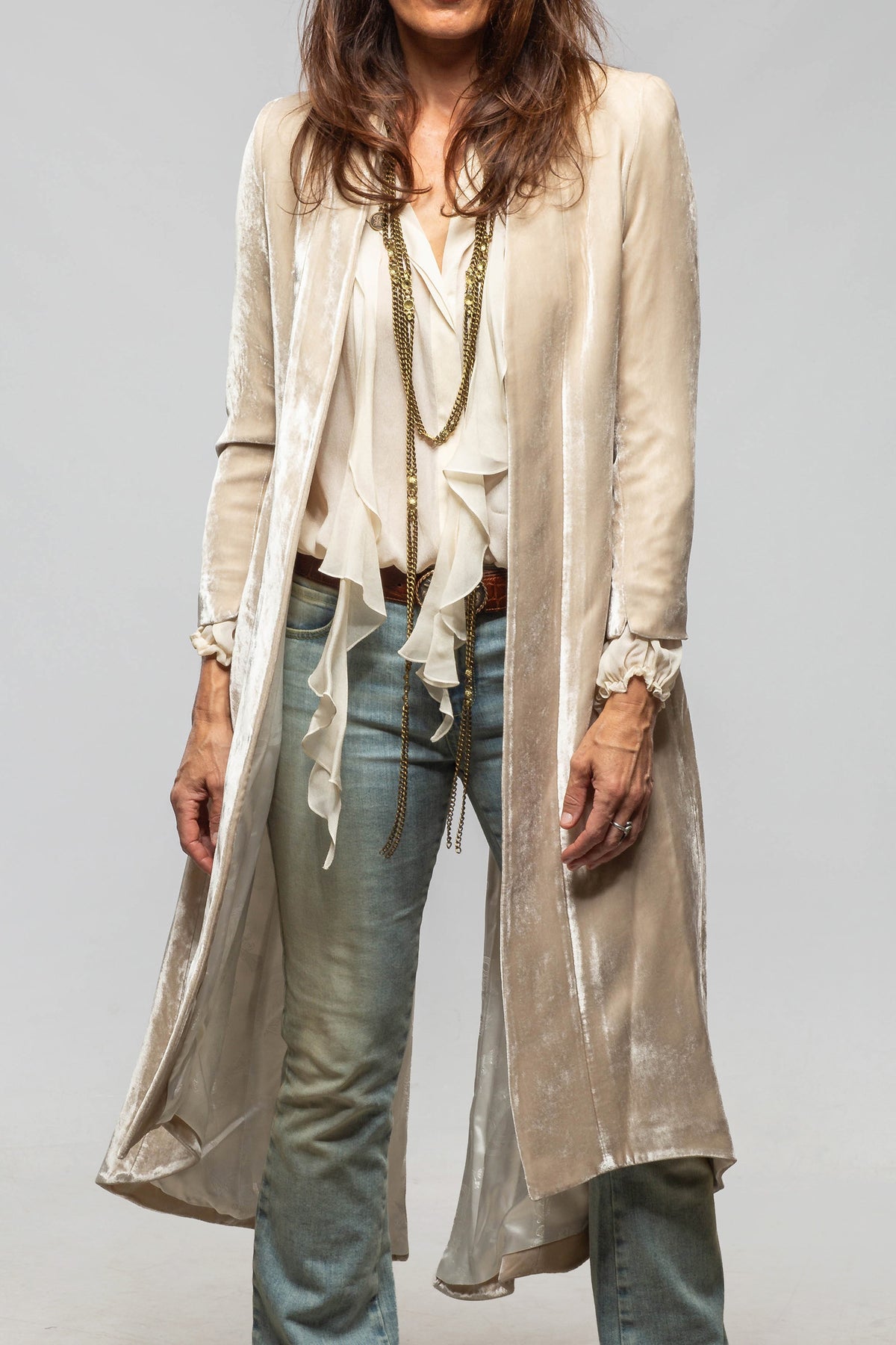 T.ba Morgana Long Silk Velvet Coat In Ivory Pearl Ladies - Tailored - Jackets