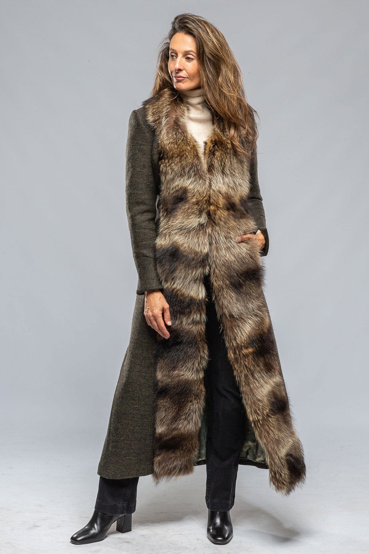 St. Petersburg Long Fur Trimmed Coat In Tweed - AXEL'S