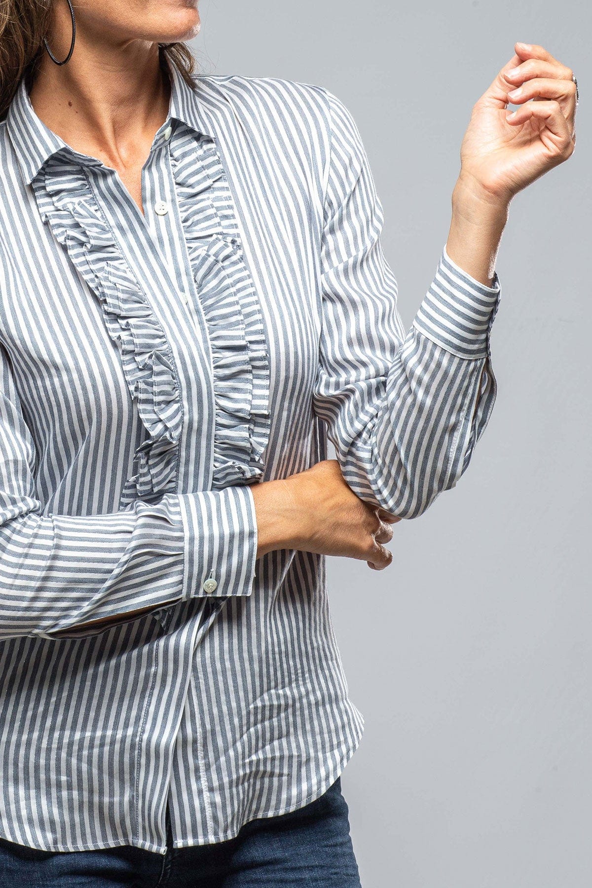 Diana Ruffle Front Stripe Shirt in Navy/White - AXEL'S