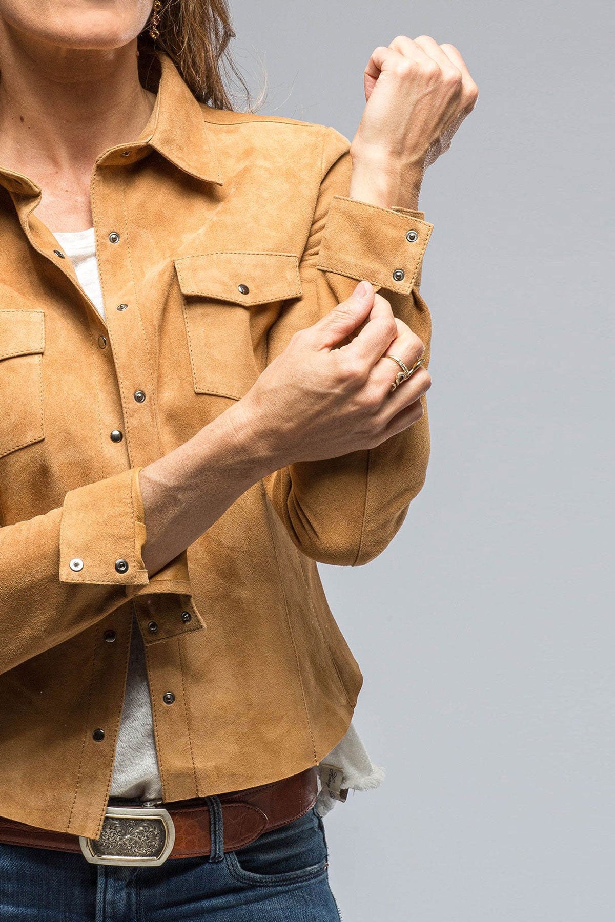 Giulia Suede Snap Shirt in Cognac - AXEL'S