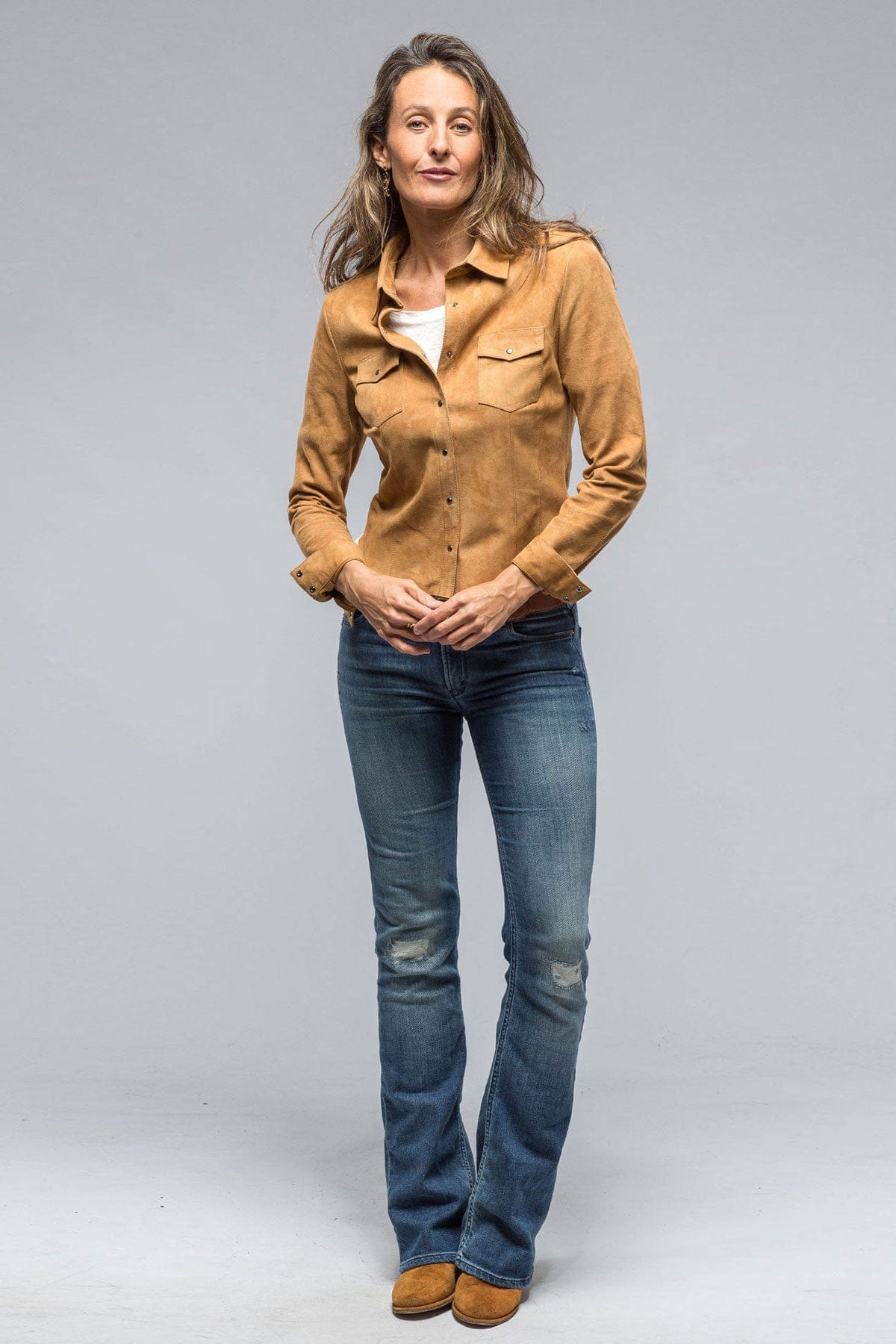 Giulia Suede Snap Shirt in Cognac - AXEL'S