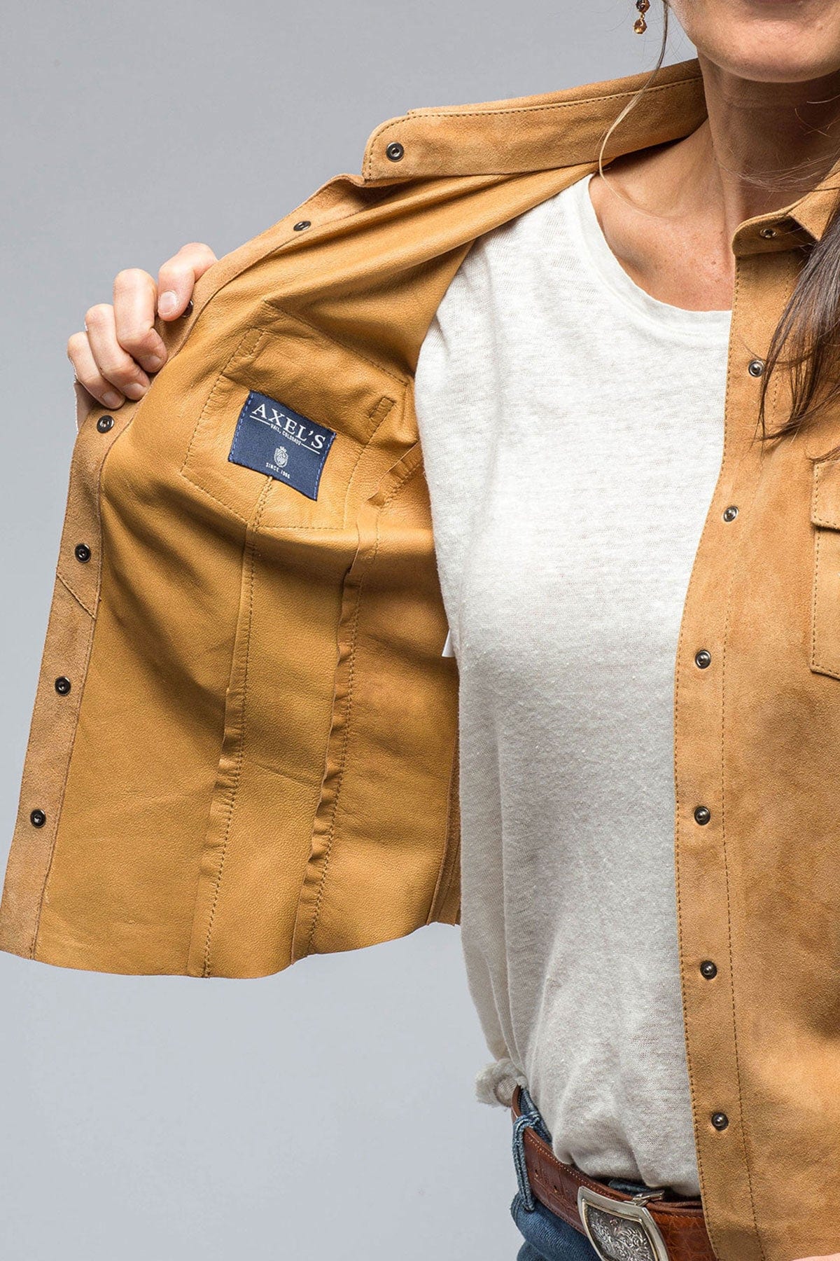 Giulia Suede Snap Shirt in Cognac - AXEL'S
