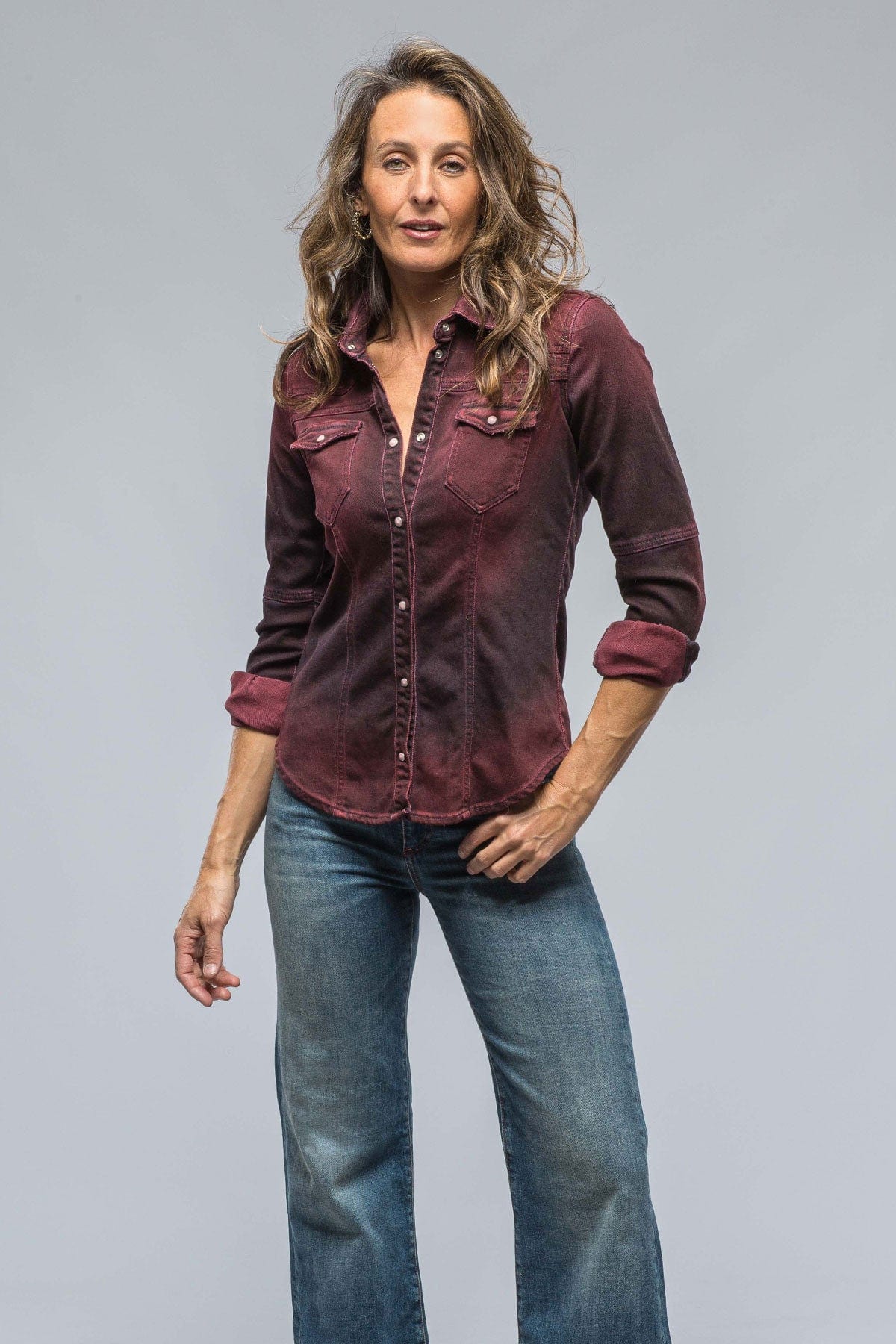 Axels Premium Denim Maddi Fitted Western Snap Shirt In Bordeaux Over Dye
