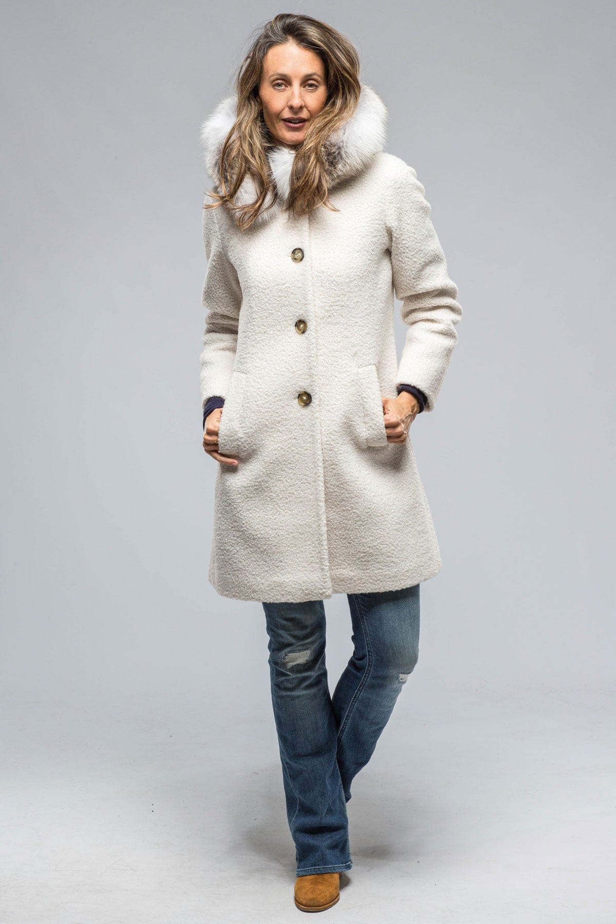 Ivana Wool Coat With Fur Lined Hood in Ivory - AXEL'S