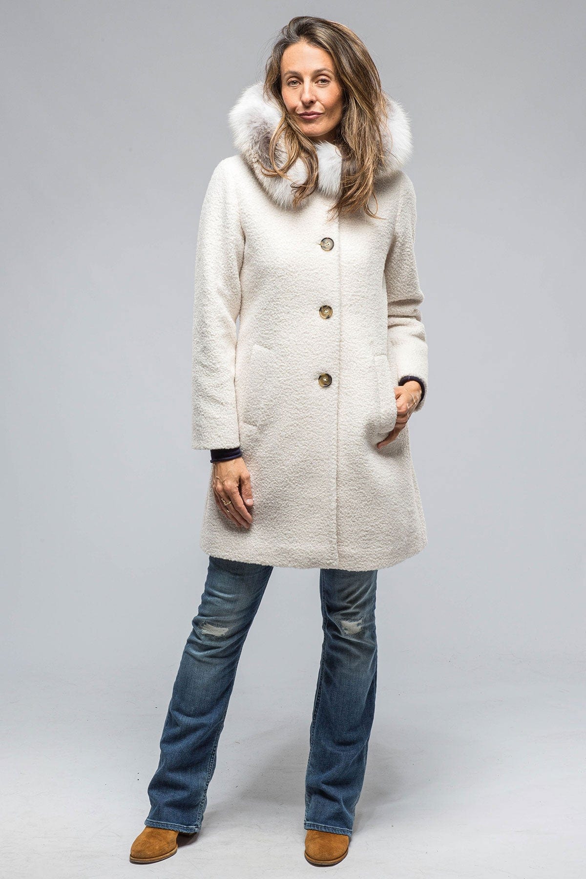 Ivana Wool Coat With Fur Lined Hood in Ivory - AXEL'S