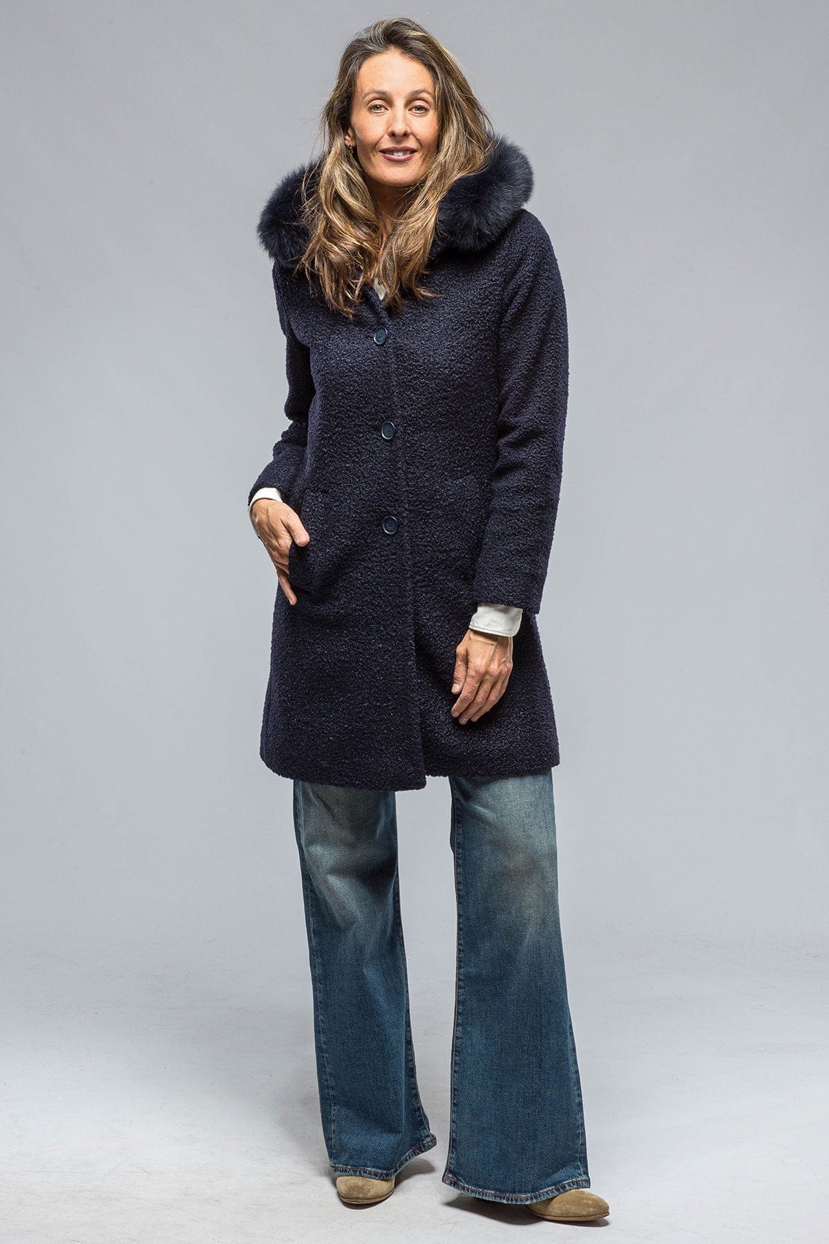 Ivana Wool Coat With Fur Lined Hood in Navy - AXEL'S