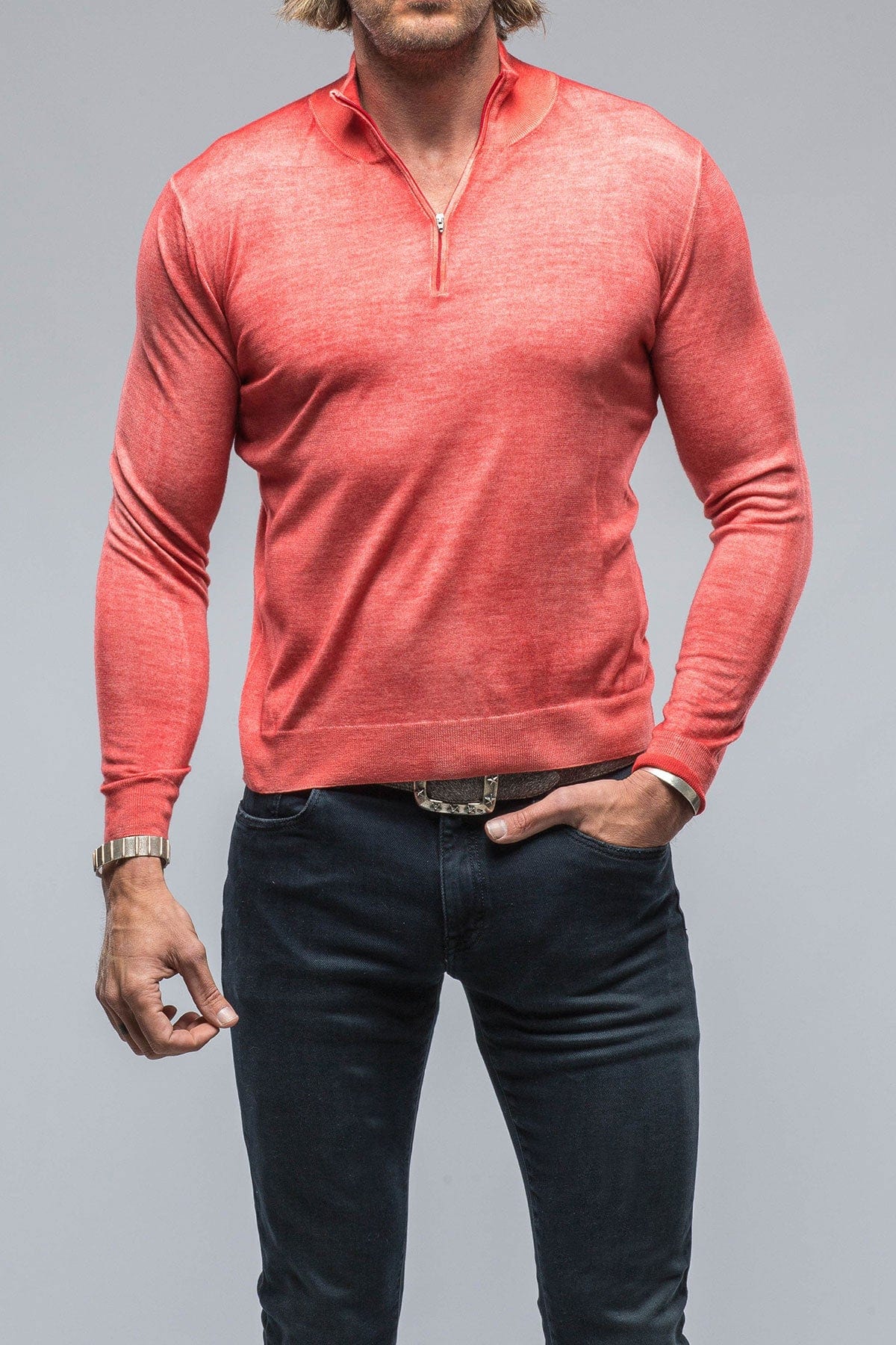 Queniin Cashmere Quarter Zip In Blood Orange - AXEL'S