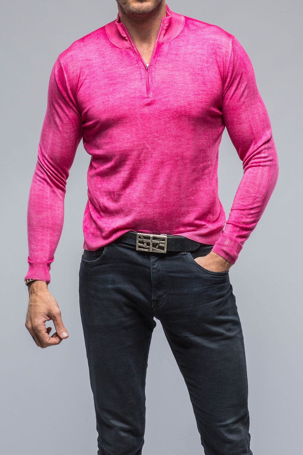 Queniin Cashmere Quarter Zip in Pink Inferno - AXEL'S