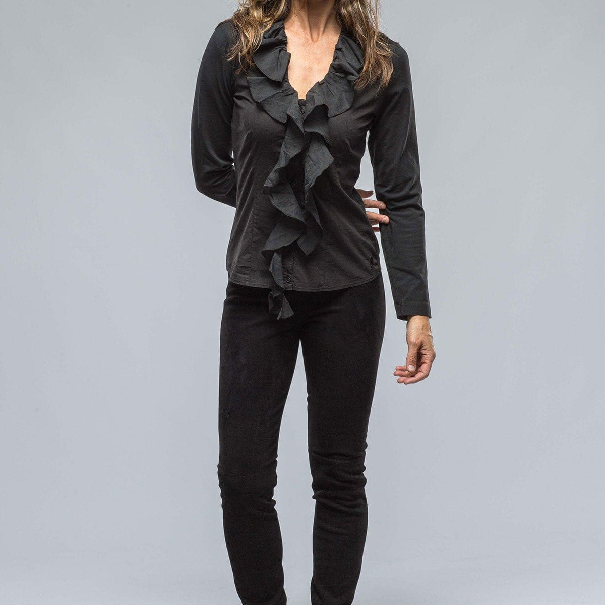 Monica V-Neck Ruffle Front Blouse In Black - AXEL'S