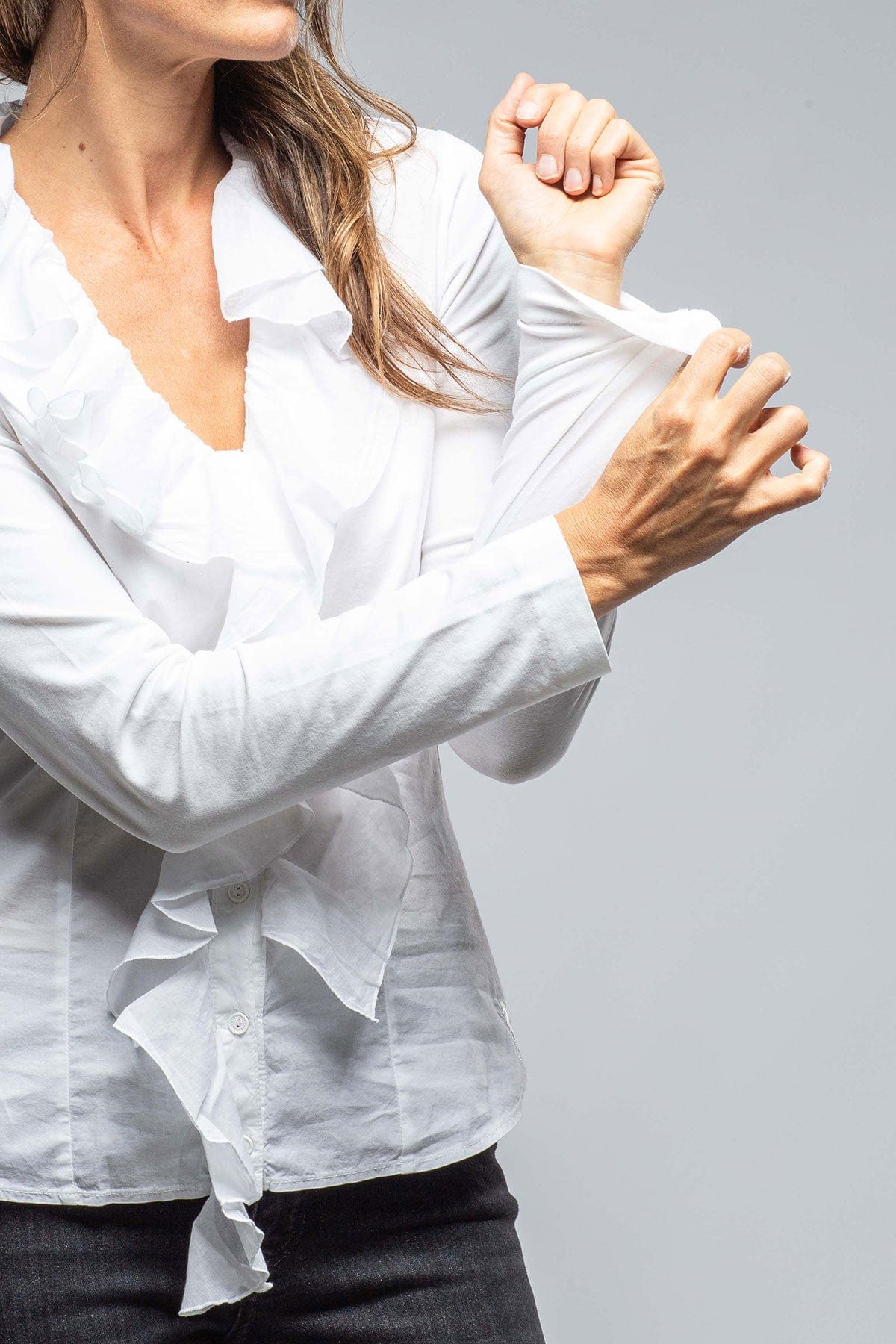 Monica V-Neck Ruffle Front Blouse In White - AXEL'S