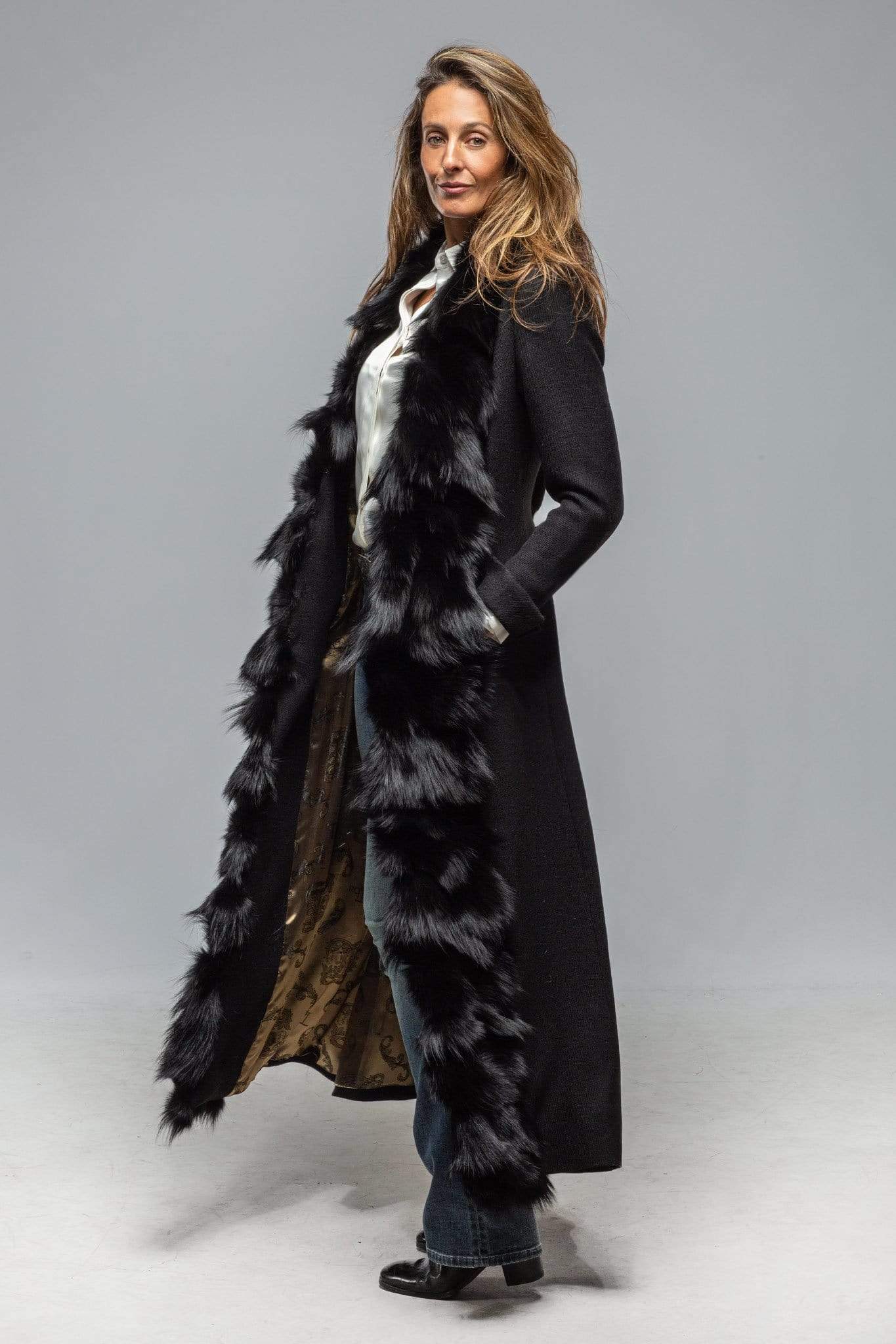 St. Petersburg Long Fur Trimmed Coat In Black - AXEL'S