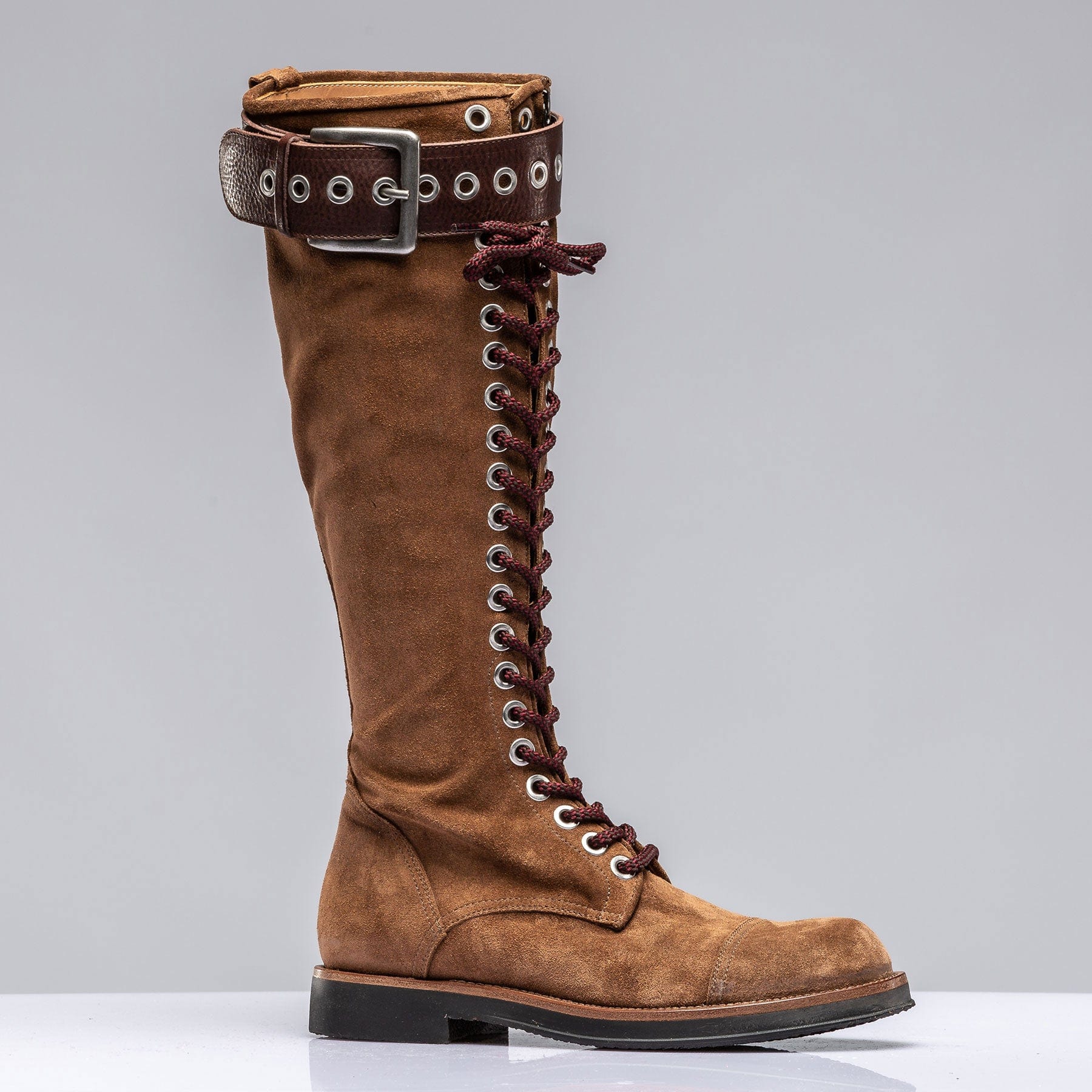 Alps Tall Lace Up Boot W Buckle In Cognac Suede