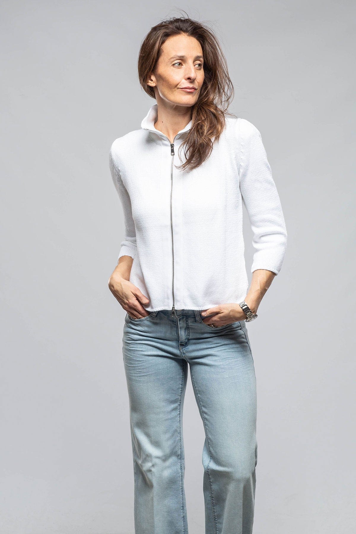 Amina Rubinacci Crete Zip Sweater In White | Ladies - Sweaters