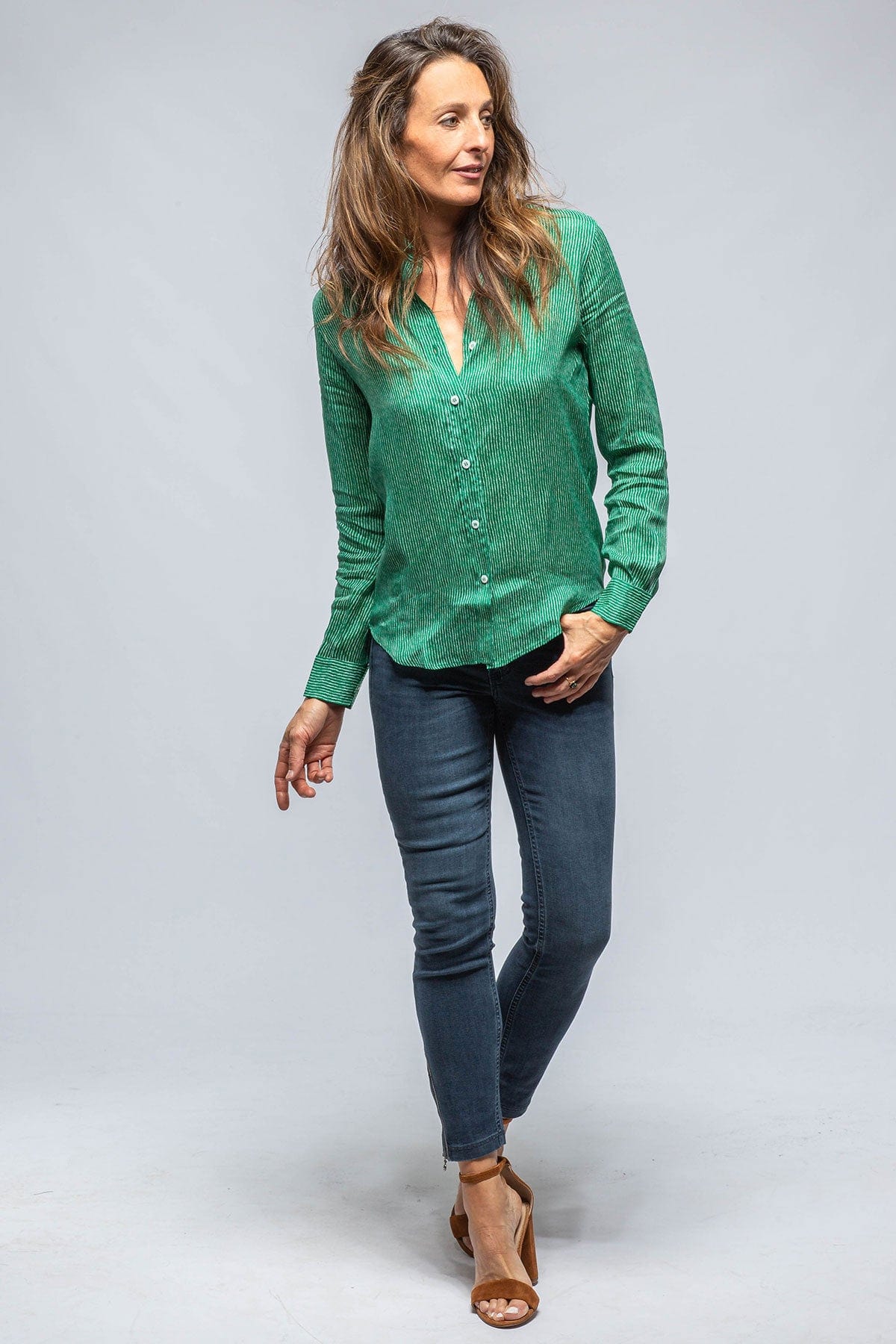 Dolce Thin Stripe Silk Blouse In Jade/White - AXEL'S