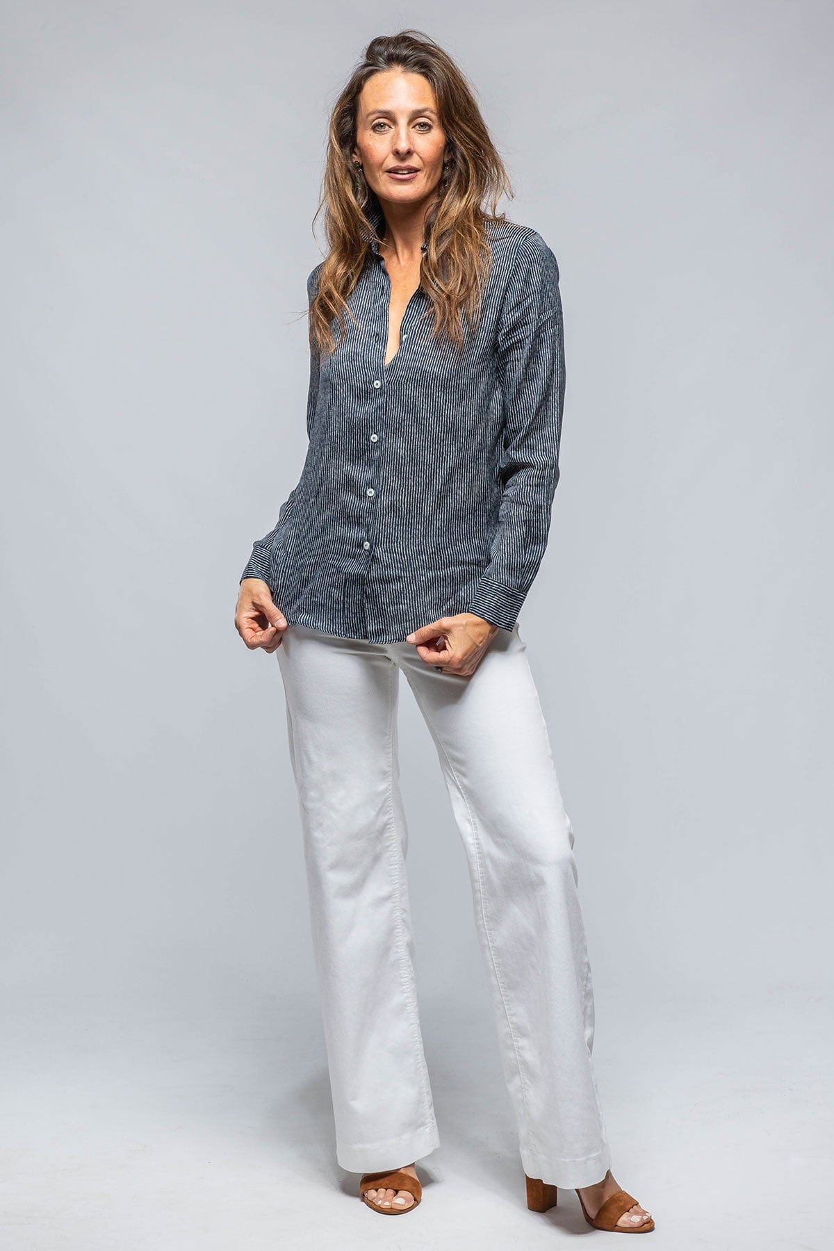 Dolce Thin Stripe Silk Blouse In Navy/White - AXEL'S