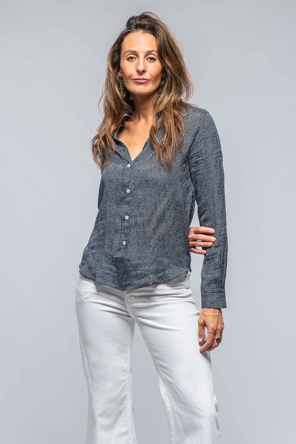 Dolce Thin Stripe Silk Blouse In Navy/White - AXEL'S