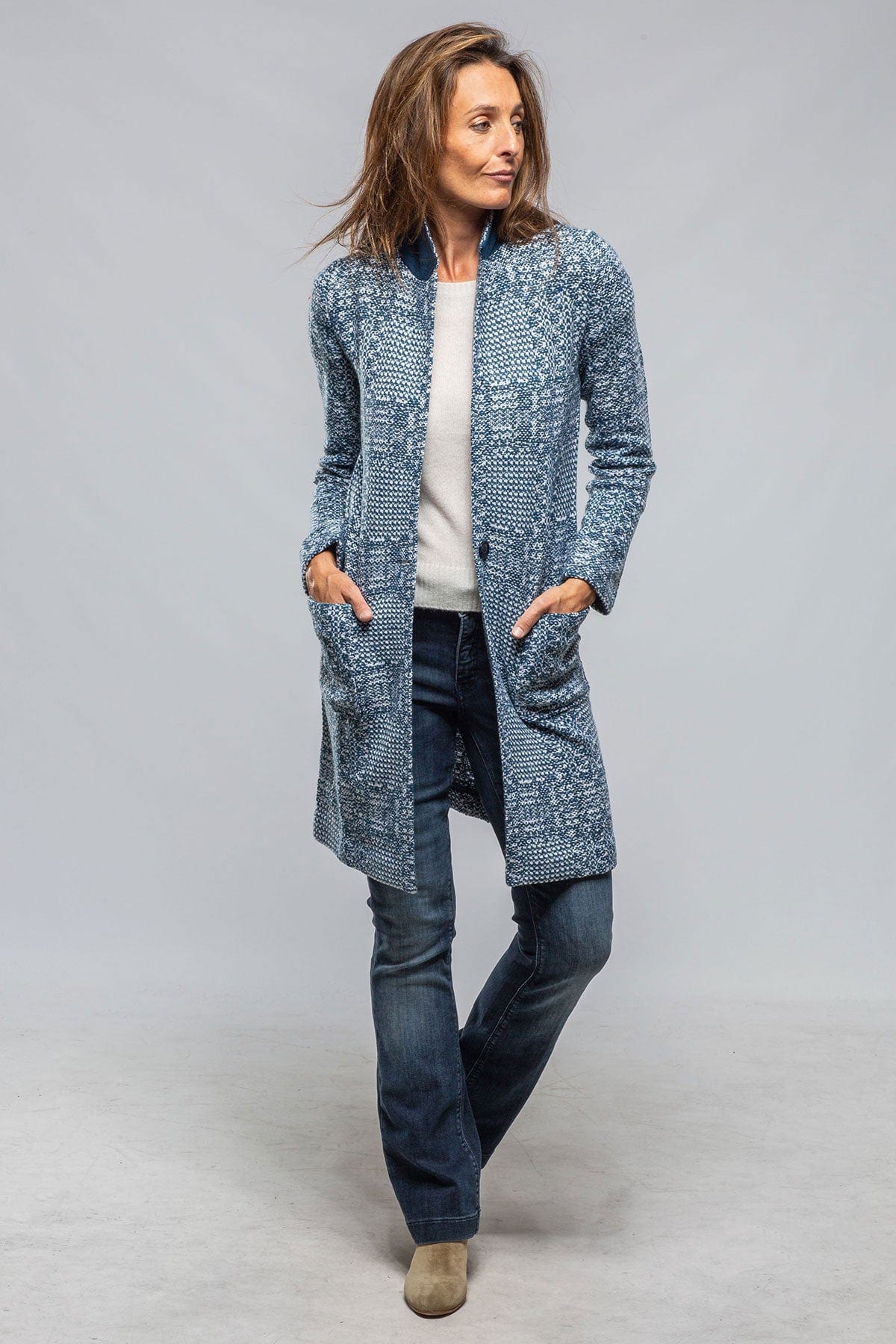 Elena Long Patchwork Coat/Cardigan In Blue & White - AXEL'S