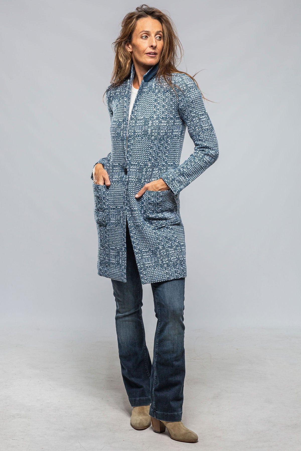 Elena Long Patchwork Coat/Cardigan In Blue & White - AXEL'S