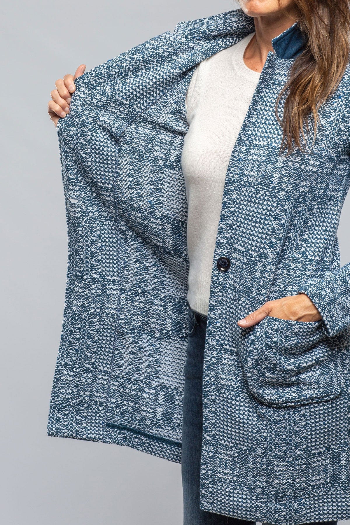 Elena Long Patchwork Coat/Cardigan In Blue & White - AXEL'S