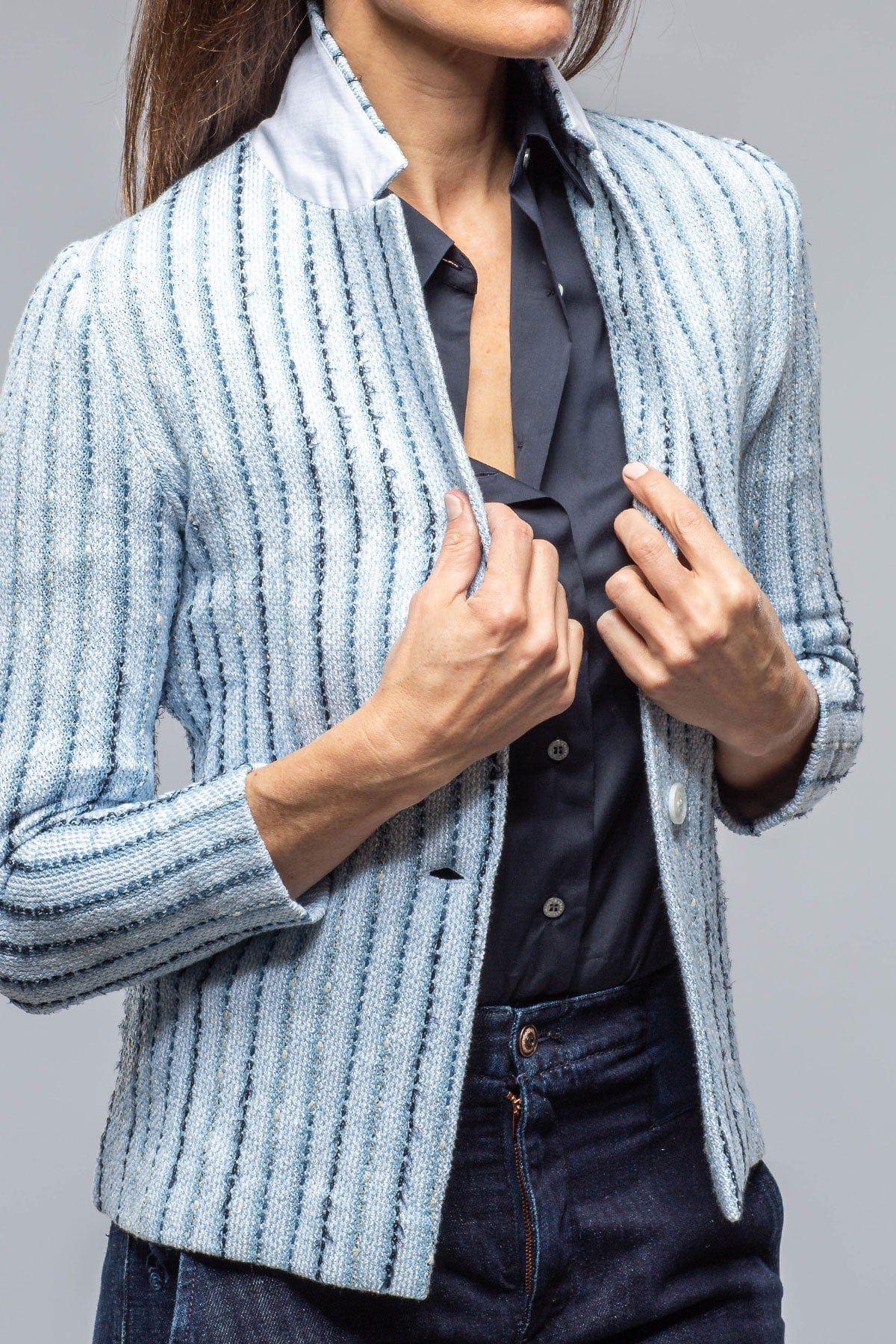 Ponza Striped 2 Button Sweater Jacket In Denim Blues - AXEL'S