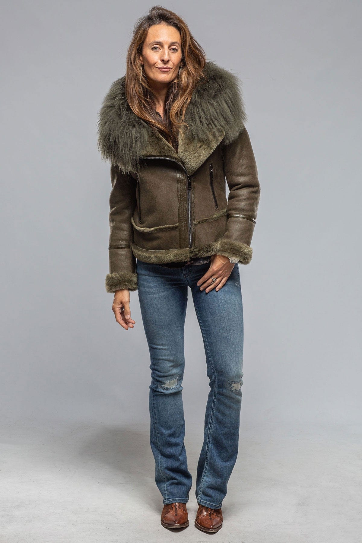 Colette Aviator Shearling In Military - AXEL'S