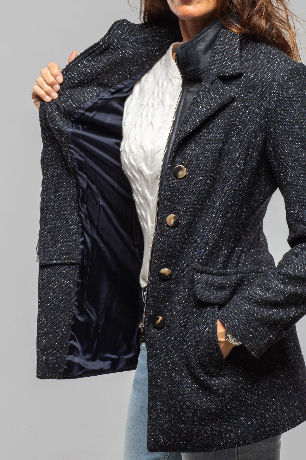 Artico Derby Tweed Donegal Jacket In Midnight Blue Melange Ladies - Outerwear - Cloth