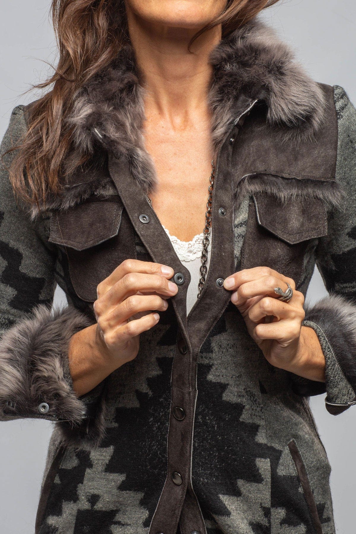 Artico Dyani Aztec Knit & Shearling Sweater Coat In Moss Grey Ladies - Outerwear - Shearling