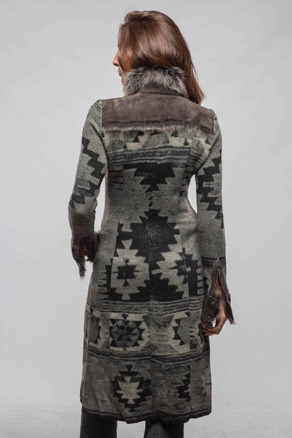 Artico Dyani Aztec Knit & Shearling Sweater Coat In Moss Grey Ladies - Outerwear - Shearling