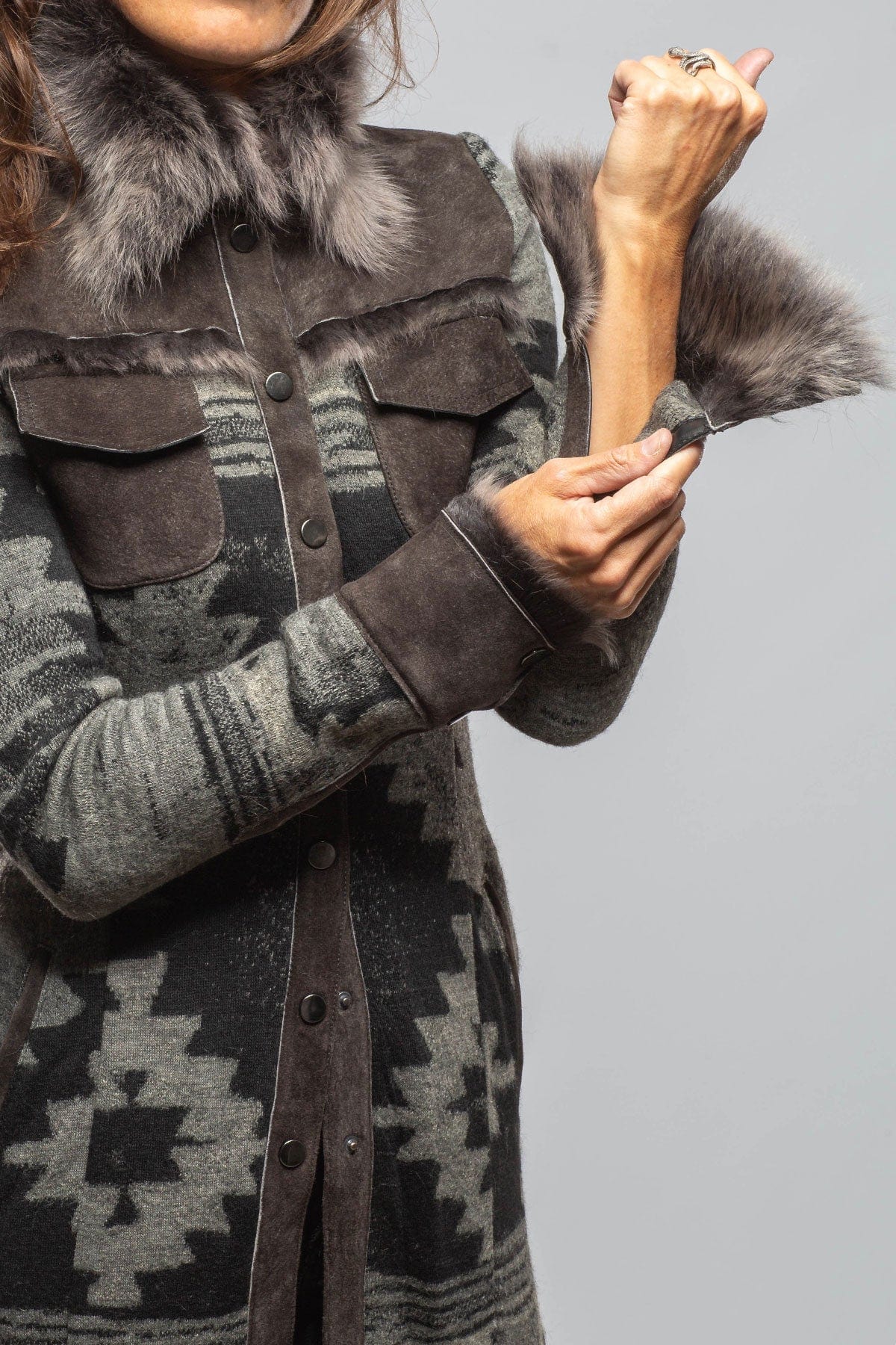 Artico Dyani Aztec Knit & Shearling Sweater Coat In Moss Grey Ladies - Outerwear - Shearling