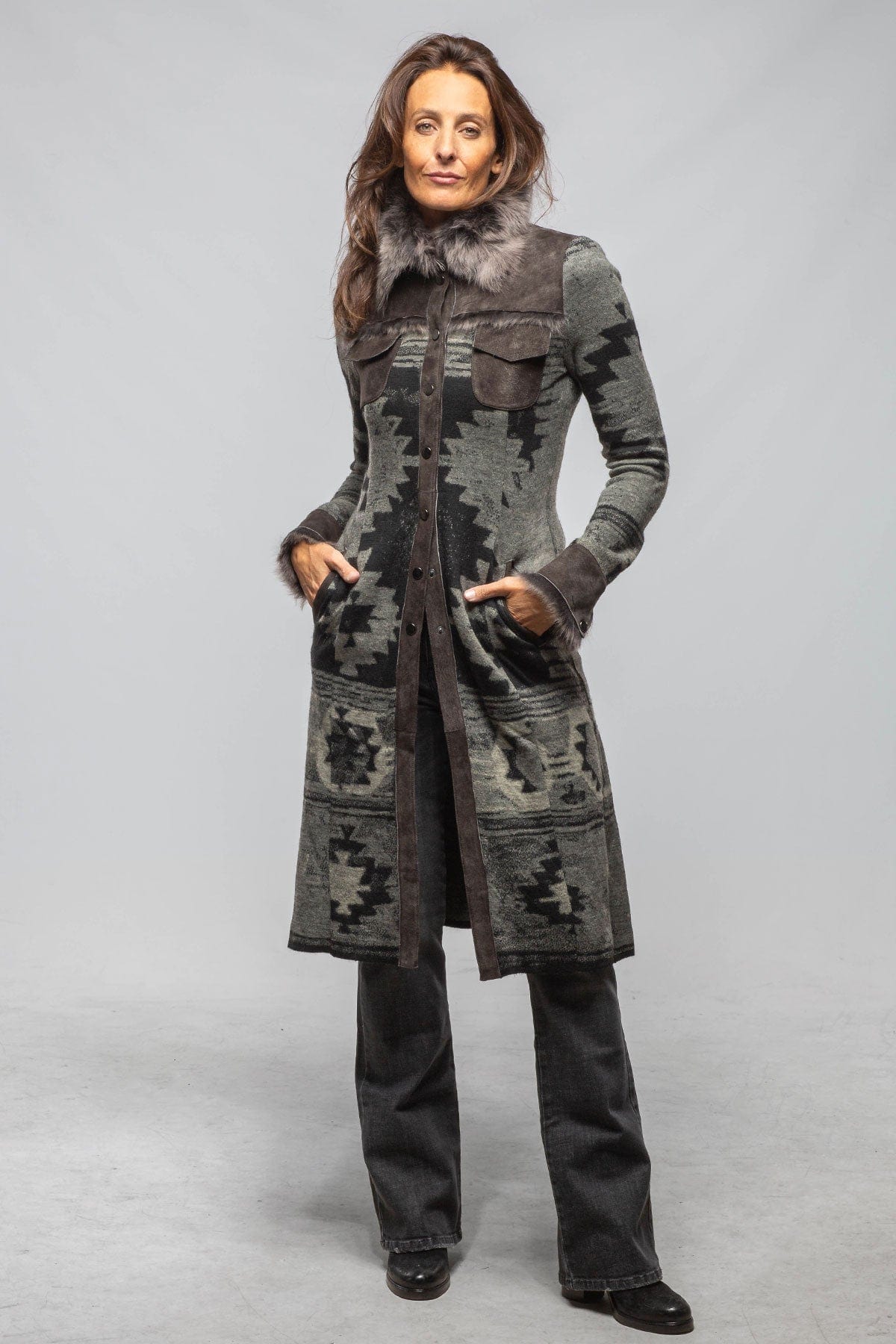 Artico Dyani Aztec Knit & Shearling Sweater Coat In Moss Grey Ladies - Outerwear - Shearling
