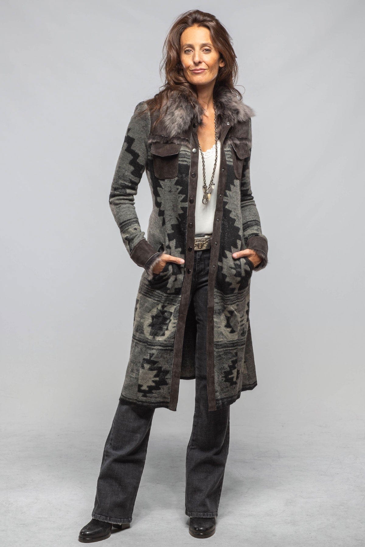 Artico Dyani Aztec Knit & Shearling Sweater Coat In Moss Grey Ladies - Outerwear - Shearling