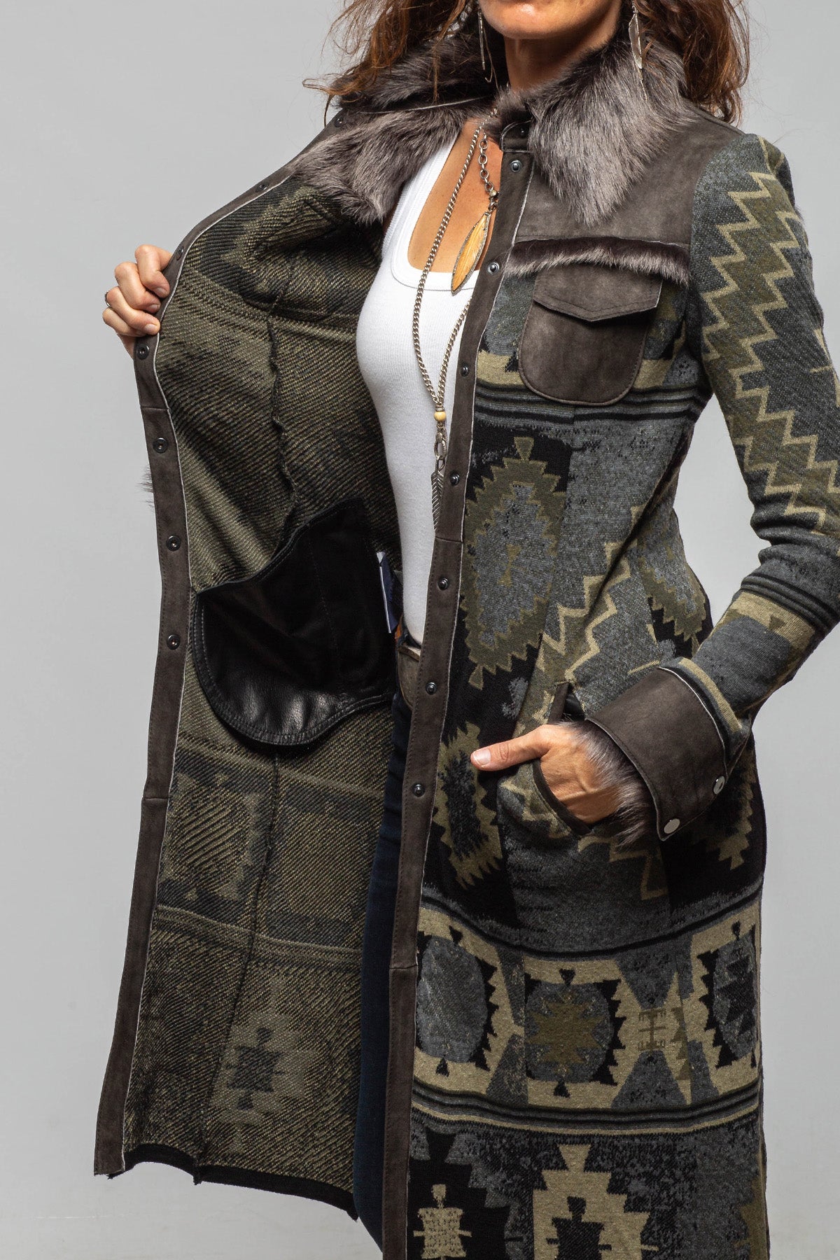 Artico Dyani Aztec Knit & Shearling Sweater Coat In Moss Grey Ladies - Outerwear - Shearling