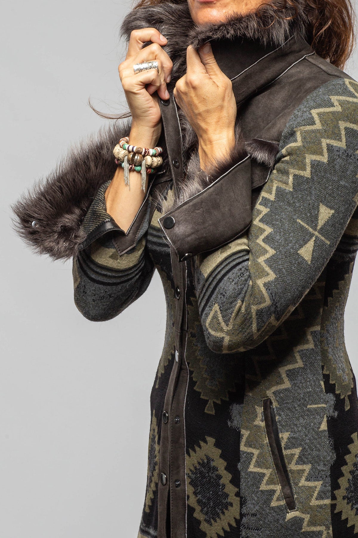 Artico Dyani Aztec Knit & Shearling Sweater Coat In Moss Grey Ladies - Outerwear - Shearling