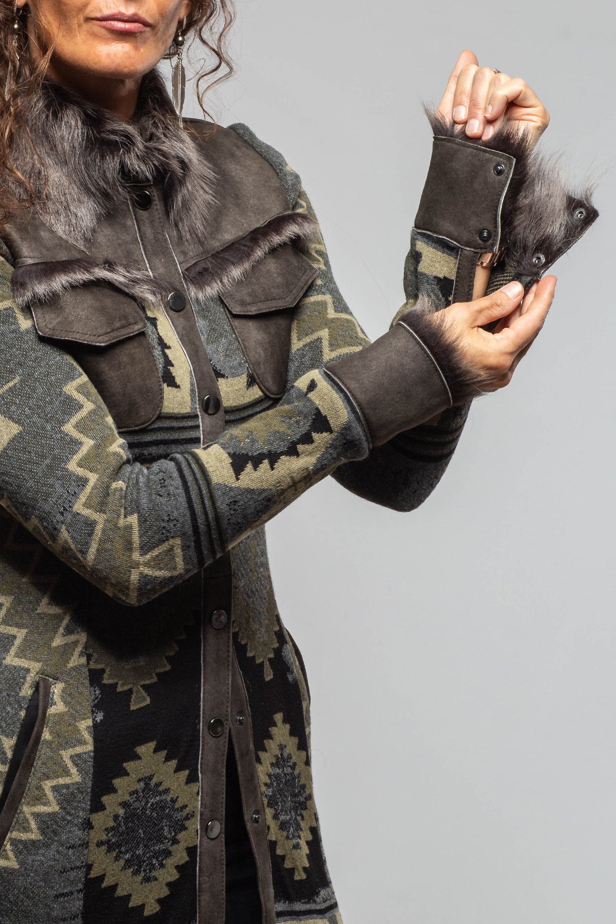 Artico Dyani Aztec Knit & Shearling Sweater Coat In Moss Grey Ladies - Outerwear - Shearling