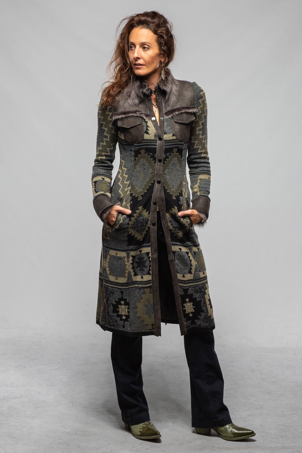Artico Dyani Aztec Knit & Shearling Sweater Coat In Moss Grey Ladies - Outerwear - Shearling