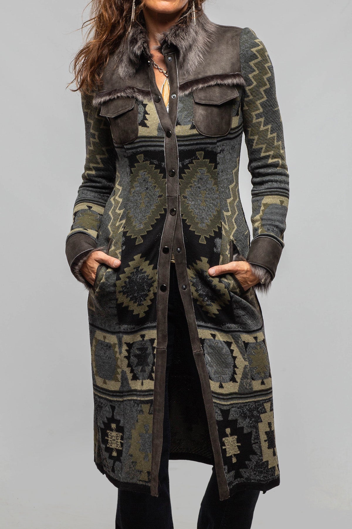 Artico Dyani Aztec Knit & Shearling Sweater Coat In Moss Grey Ladies - Outerwear - Shearling