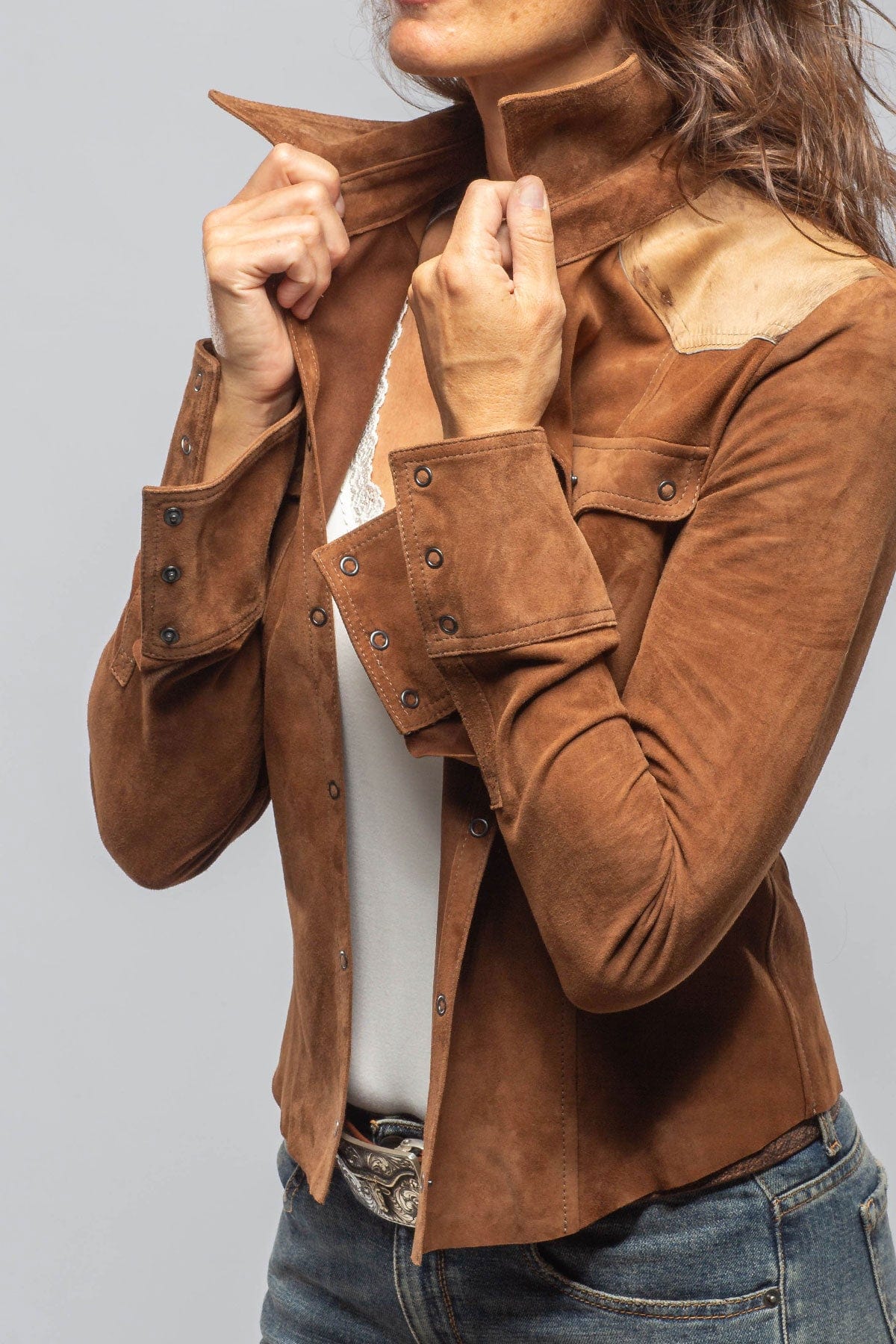 Jancy Suede Shirt W/ Hair-On-Hide In Chestnut - AXEL'S