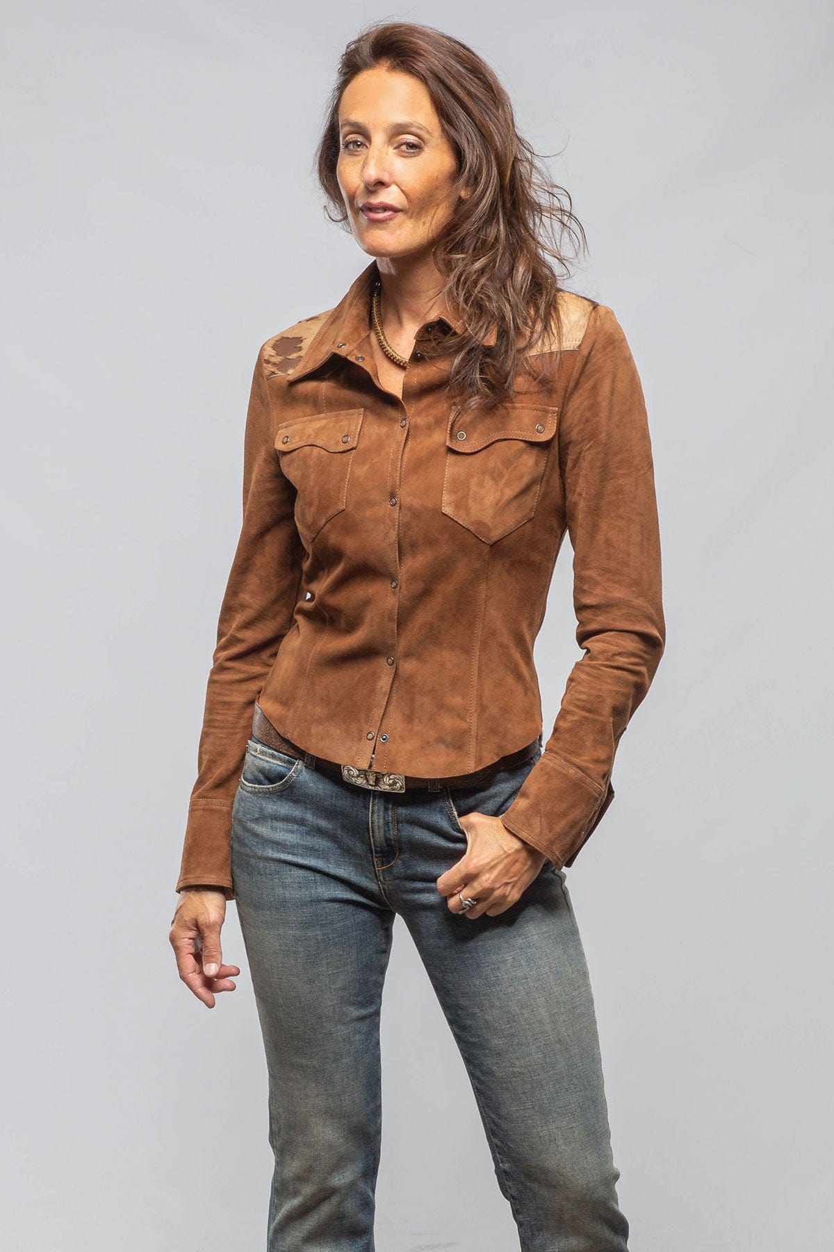 Jancy Suede Shirt W/ Hair-On-Hide In Chestnut - AXEL'S