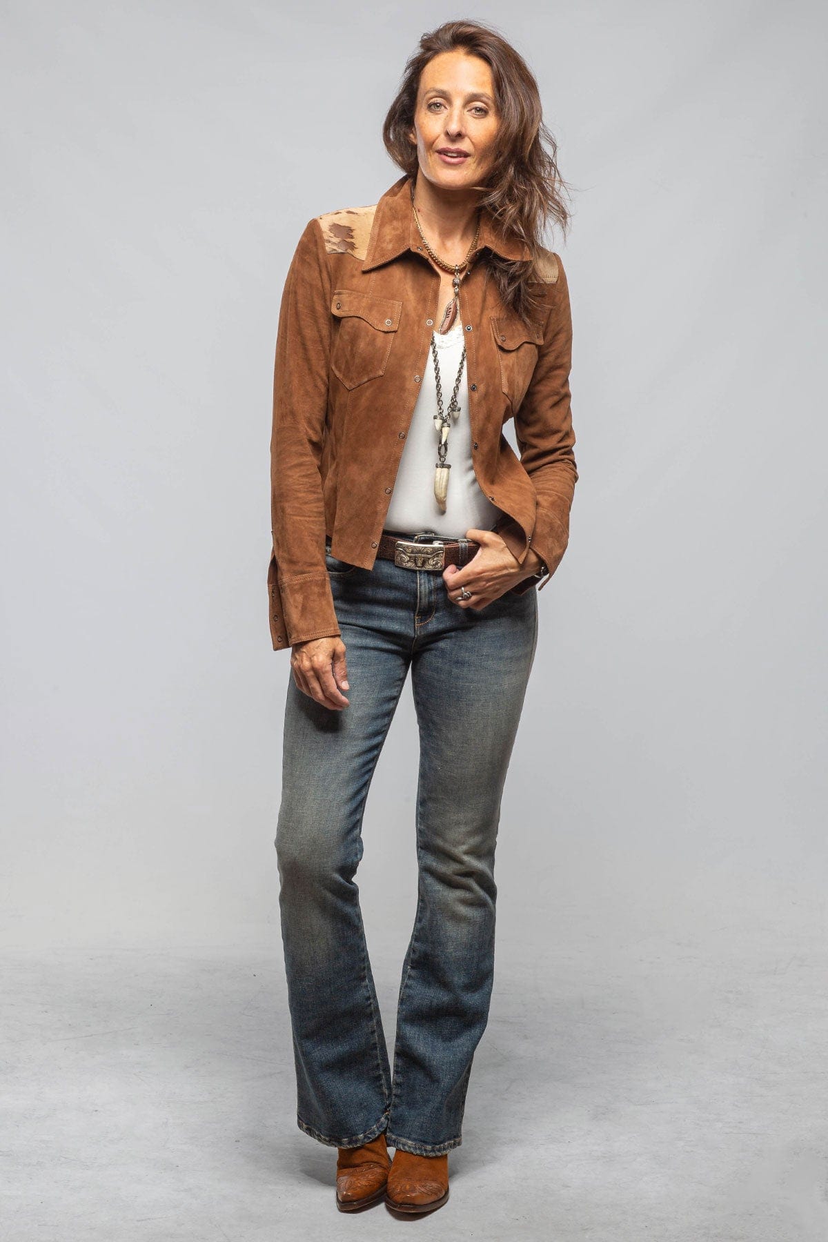 Jancy Suede Shirt W/ Hair-On-Hide In Chestnut - AXEL'S