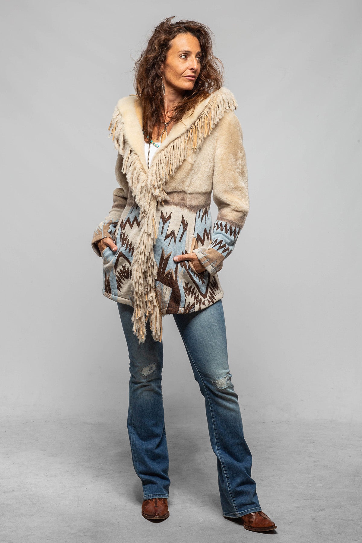 Artico Malia Knit Shearling Coat In Azure Ladies - Outerwear - Shearling
