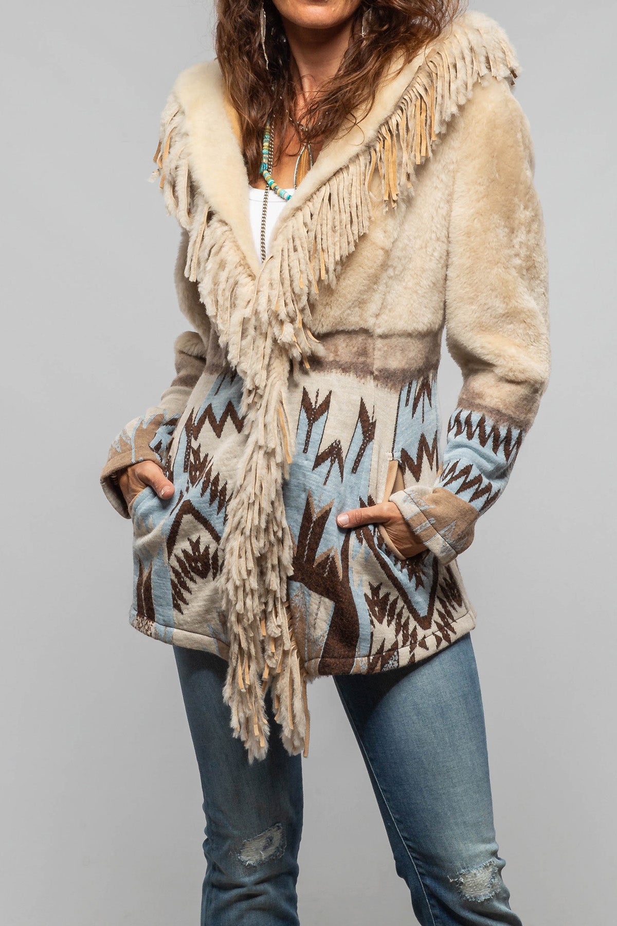 Artico Malia Knit Shearling Coat In Azure Ladies - Outerwear - Shearling