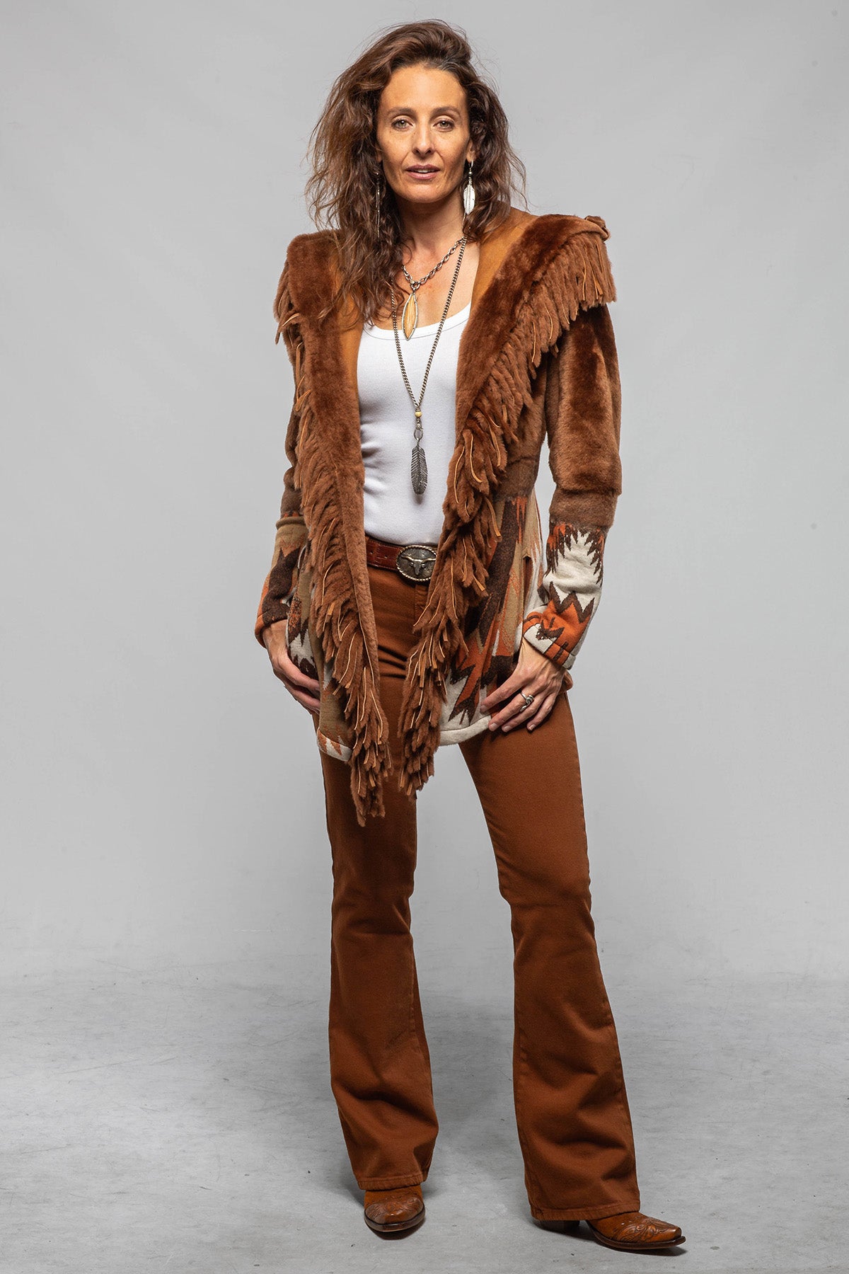 Artico Malia Knit Shearling Coat In Rust Ladies - Outerwear - Shearling