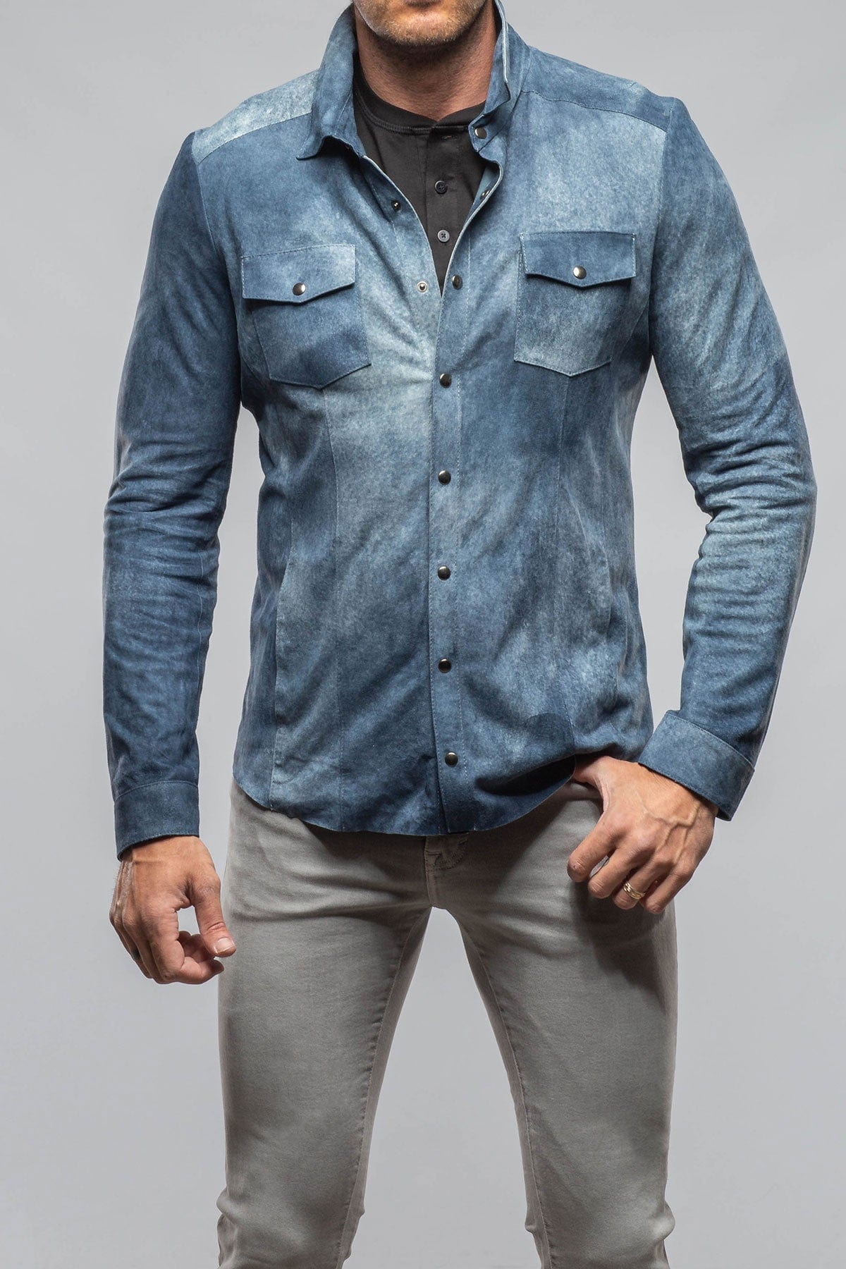 Axel's Florence Collection Bello Distressed Suede Shirt In Blue Mens - Outerwear - Leather