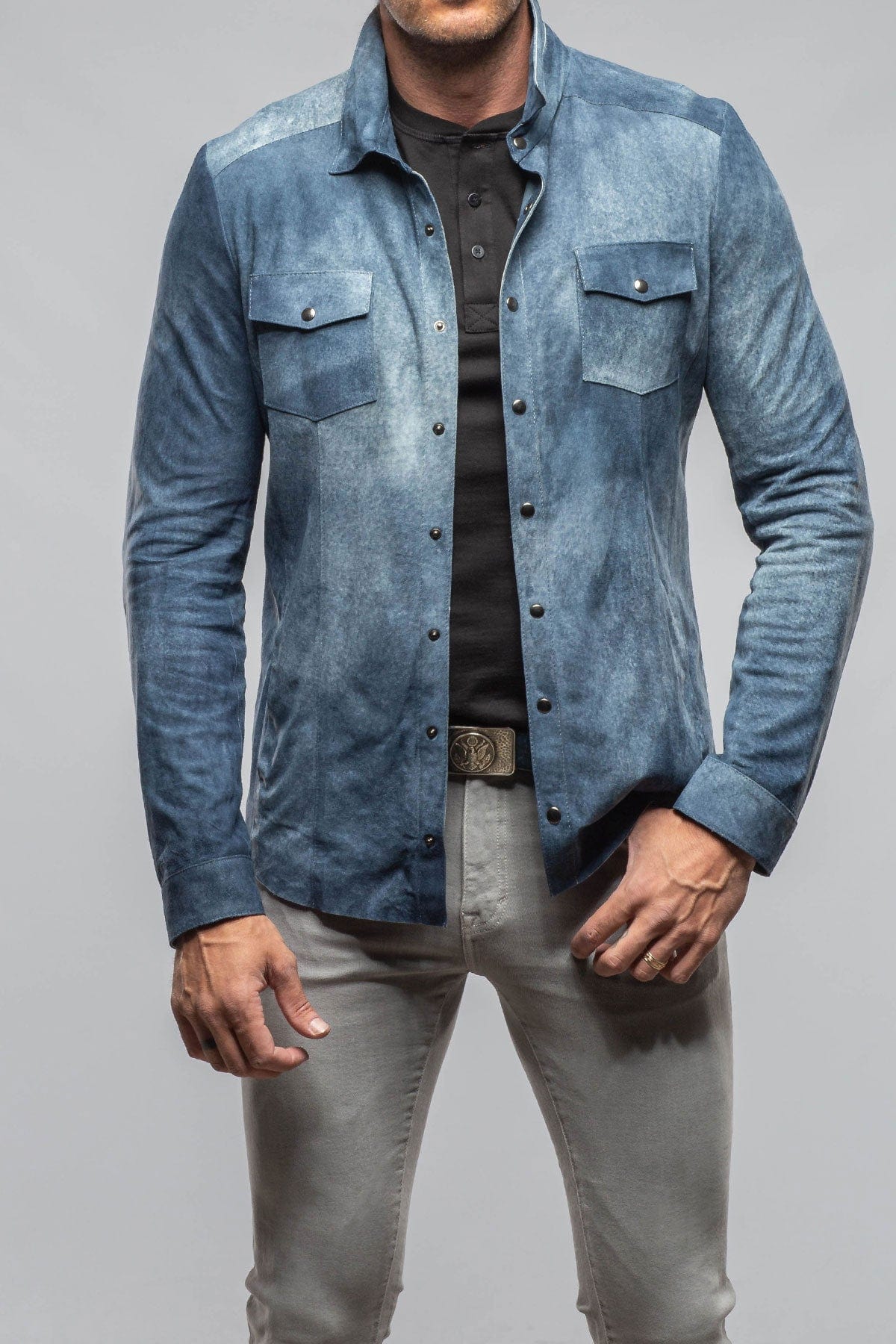 Axel's Florence Collection Bello Distressed Suede Shirt In Blue Mens - Outerwear - Leather