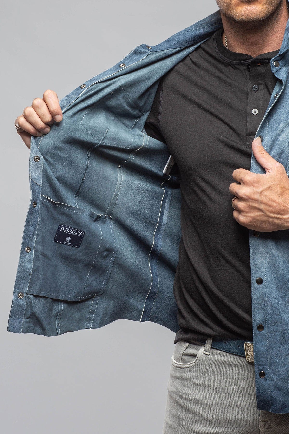 Axel's Florence Collection Bello Distressed Suede Shirt In Blue Mens - Outerwear - Leather