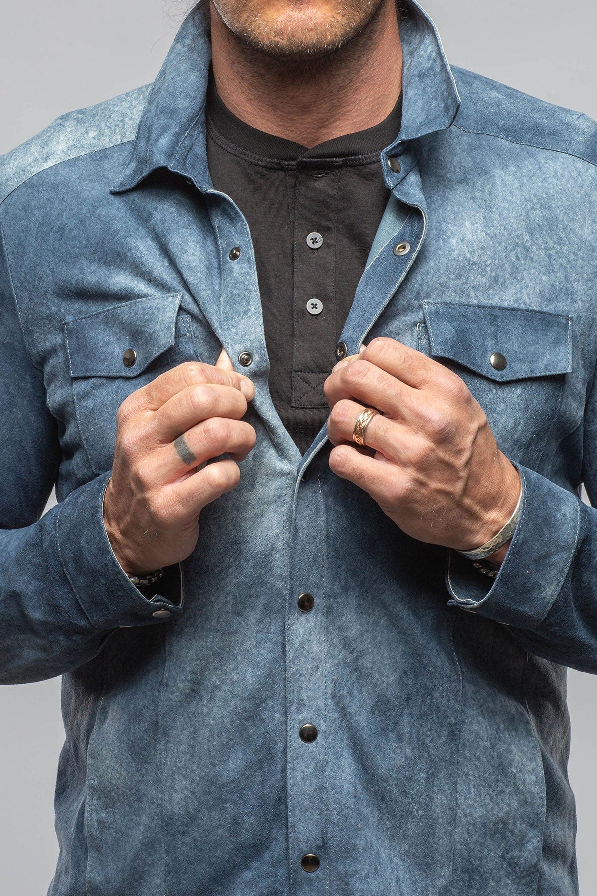 Axel's Florence Collection Bello Distressed Suede Shirt In Blue Mens - Outerwear - Leather