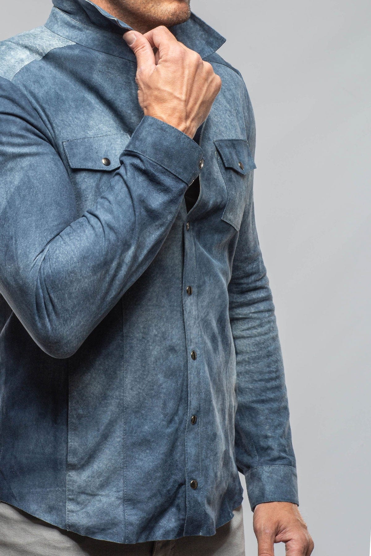 Axel's Florence Collection Bello Distressed Suede Shirt In Blue Mens - Outerwear - Leather
